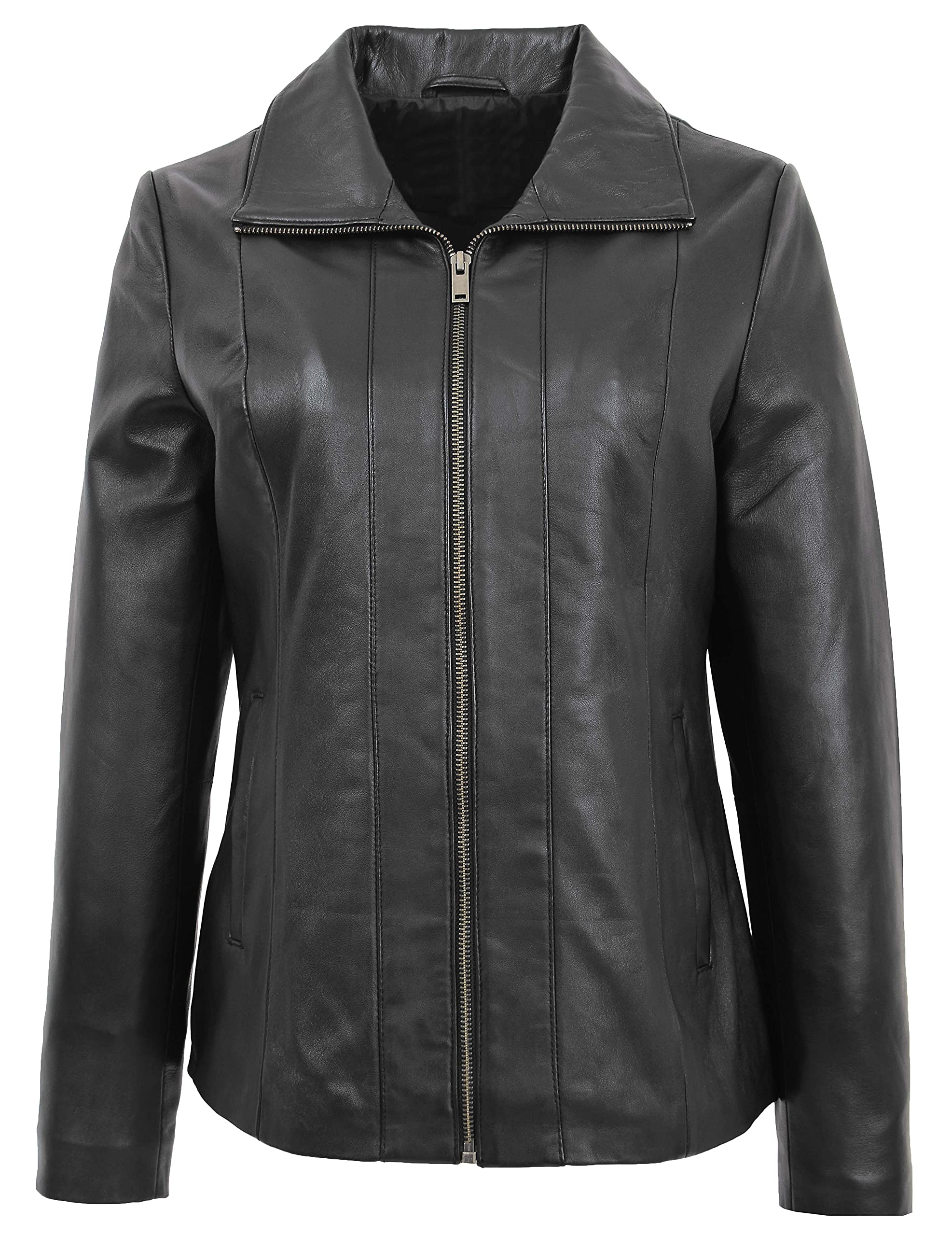 Womens Real Leather Classic Jacket Zip Box Style Julia (18, Black)