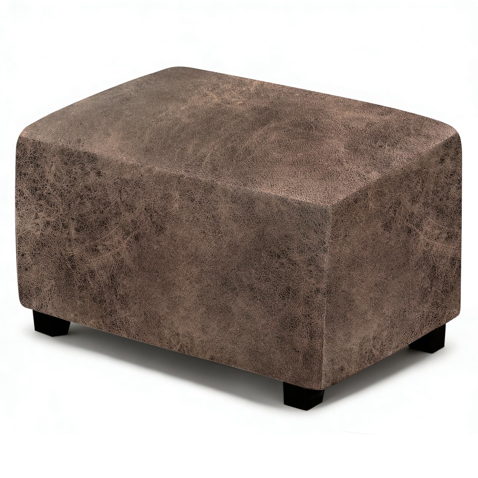 ANARACHON Leather Like Ottoman Cover, Stretch Small Square Ottoman Covers, Rectangular Ottoman Slipcovers with Removable Washable Non-Slip Elastic Bottom for Footstools (02 Light Brown, Small)