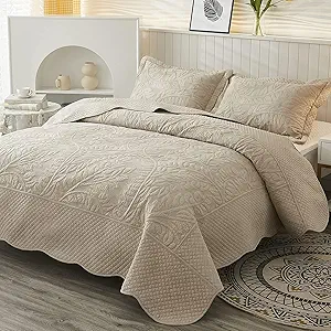 MarCielo 3-Piece 100% Cotton Oversized Bedspread Lightweight Quilt Coverlet Embroidery Farmhouse Bedding Set T0 (Yellowish Beige, Oversized Queen (100"x106"))