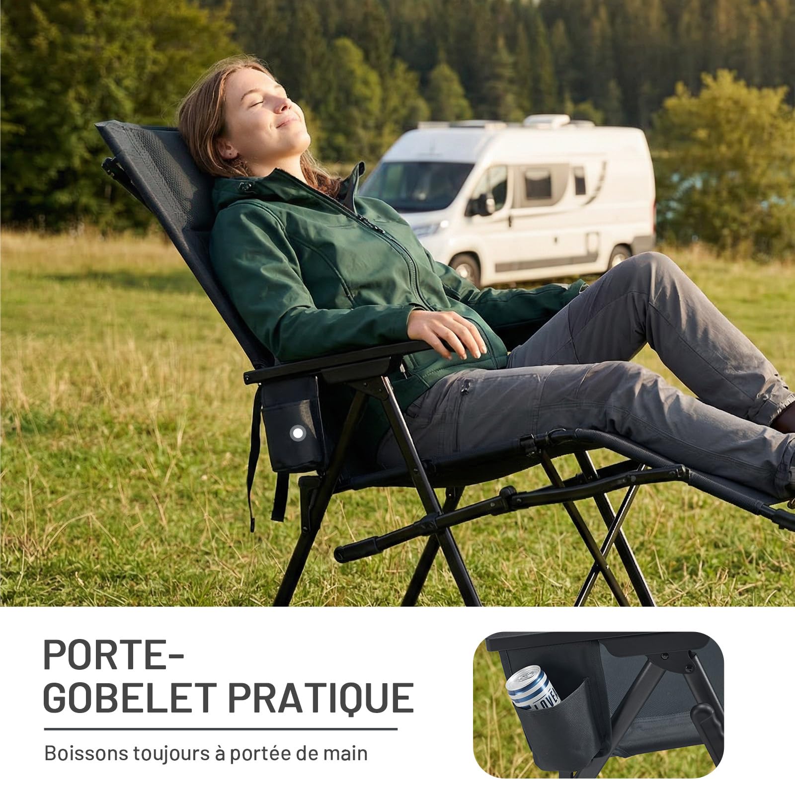 TIMBER RIDGE Chaise de Camping Pliable avec Repose-Pieds Dossier inclinable | Fauteuil longue pliante Assise rembourrée confortable, charge 150kg, pour le camping, le jardin, le balcon et le camping-car