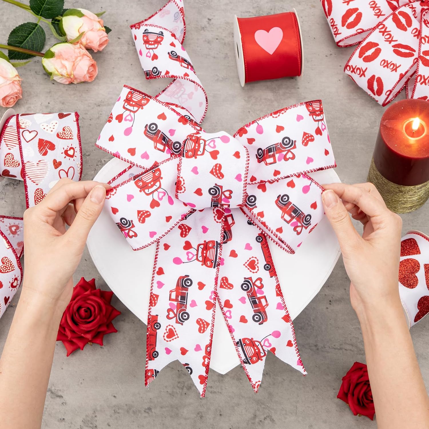 Briful 6 Rolls Valentine Wired Ribbon Set 2.5 inch 30Yards Heart and Love Pattern Fabric Ribbons for Gift Wrapping Crafts Wreath Bow Decorations DIY Projects