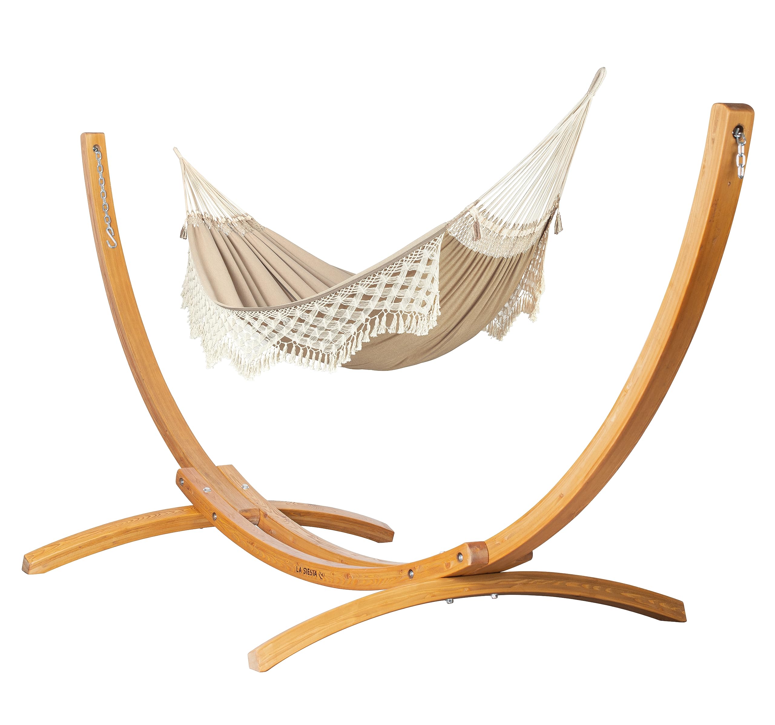 LA SIESTA® Bossanova Amaca Classic Kingisze in cotone biologico e supporto in legno, struttura amaca esterna interna - Amaca Boho con supporto, Amaca su piede 2 persone per giardino balcone - Latte