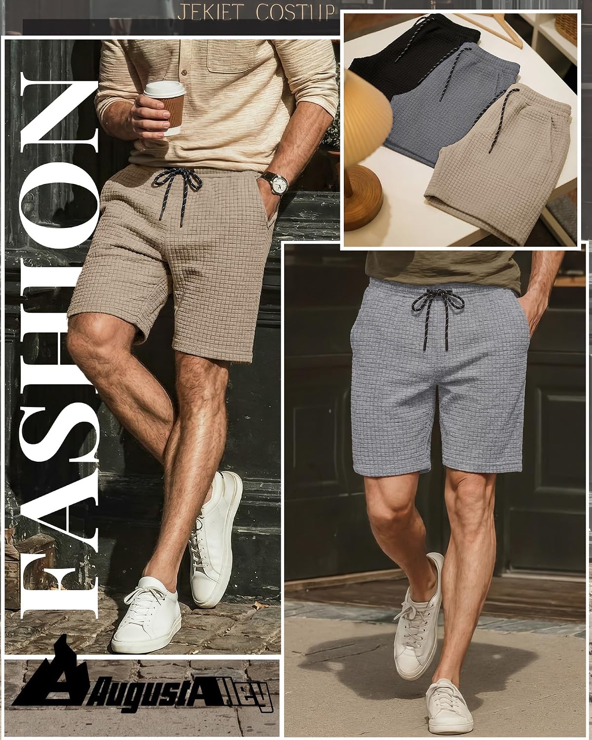 August Alley 3 Pack Men's Waffle Sweat Shorts 7'' with Pockets Casual Elastic Waist Drawstring Workout Gym Athletic Clothes
