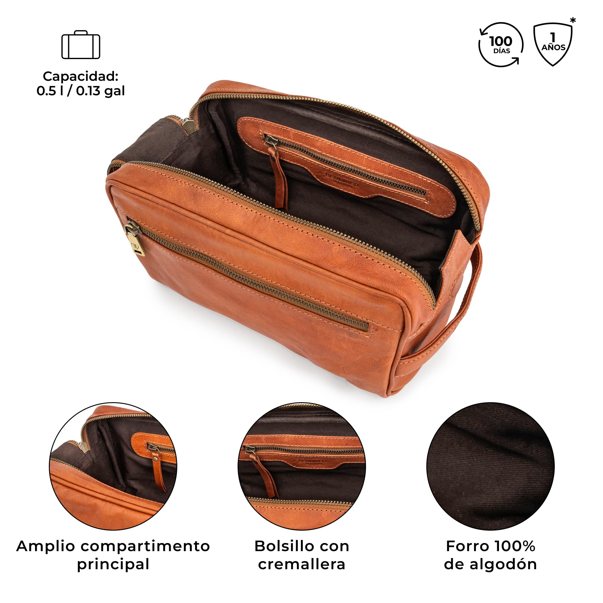 Berliner Bags Tim XL Neceser de Piel Auténtica, Gran Bolso de Aseo con Cremallera YKK, Bolsillos Interior y Exterior, Forro de Algodón y Asa de Mano – Marrón