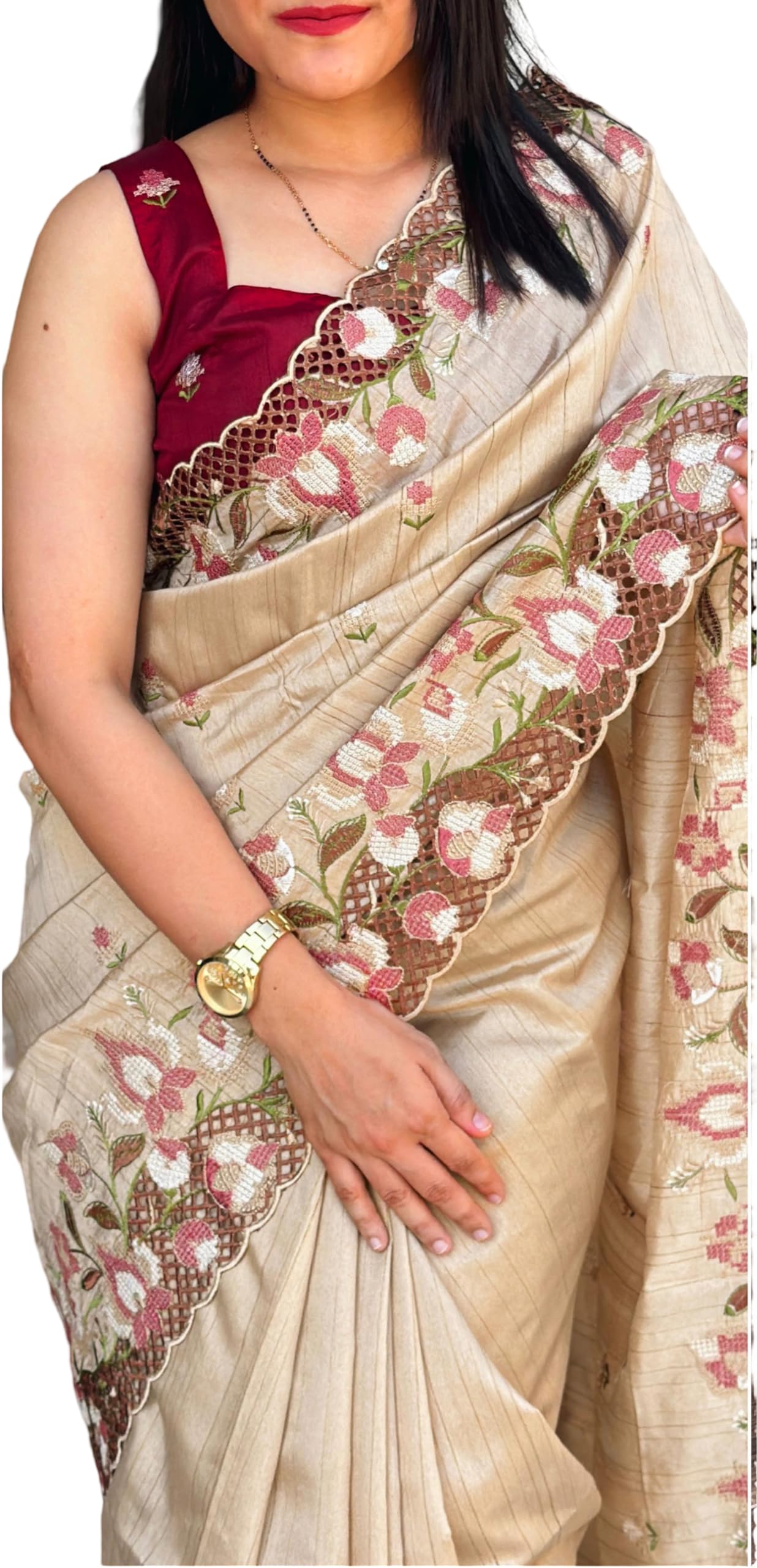 Women's Beautiful Thread and Embroidered Cut Work Slub Silk Saree With Embroidered Blouse-image-30