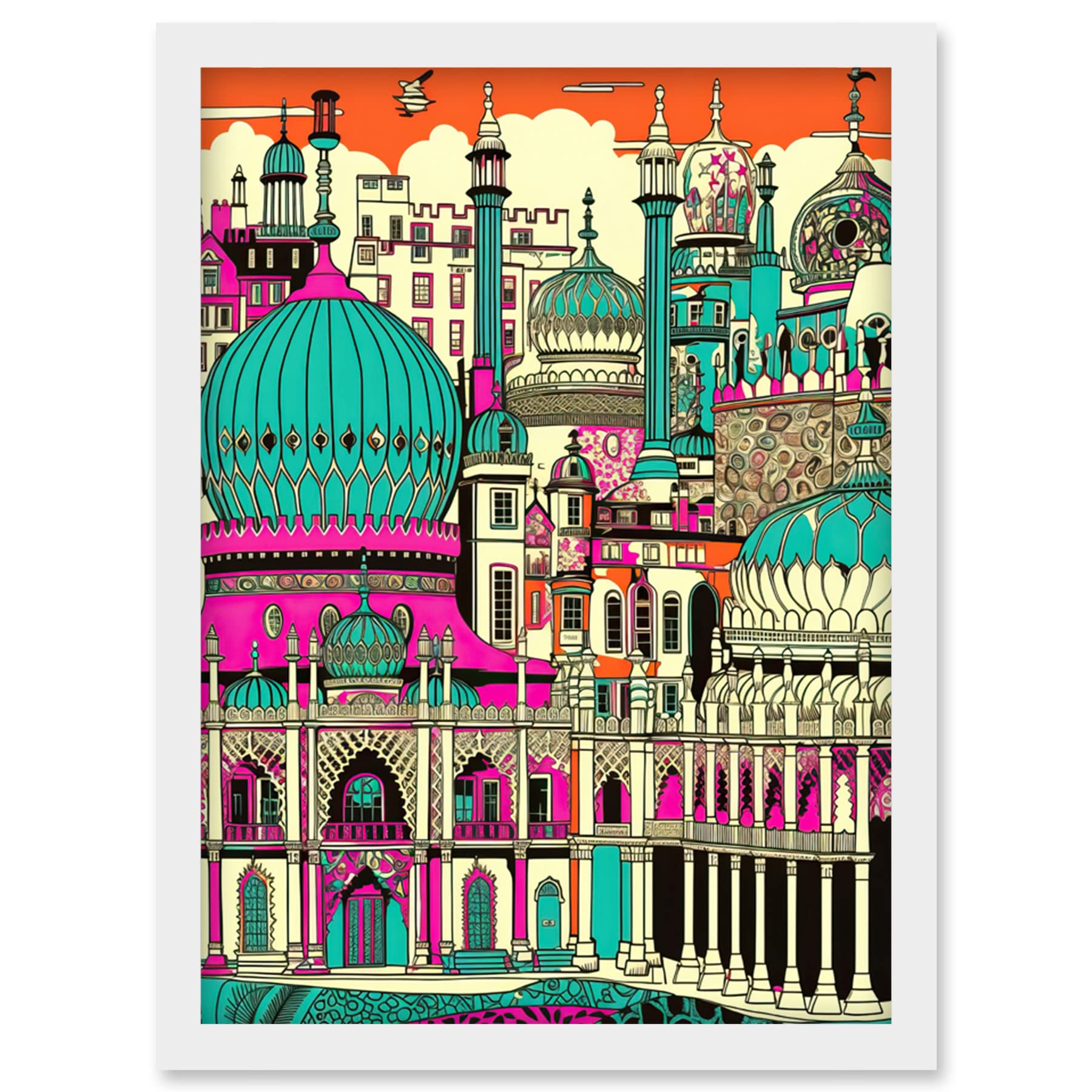 Artery8 Brighton Royal Pavilion Palace Vibrant Detailed Artwork Framed Wall Art Print A4
