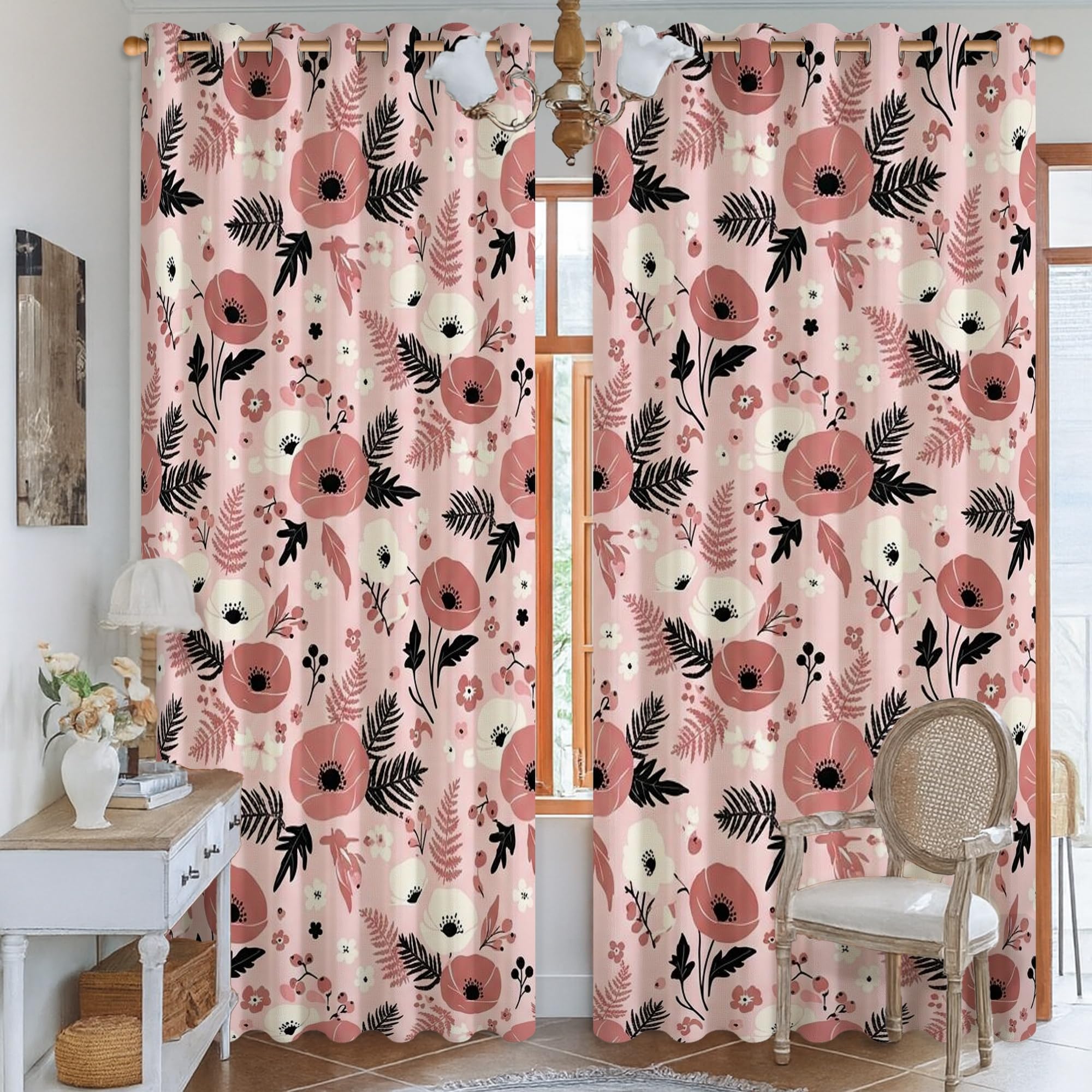 Rideaux occultants à œillets motif floral pèche 132x213cm
