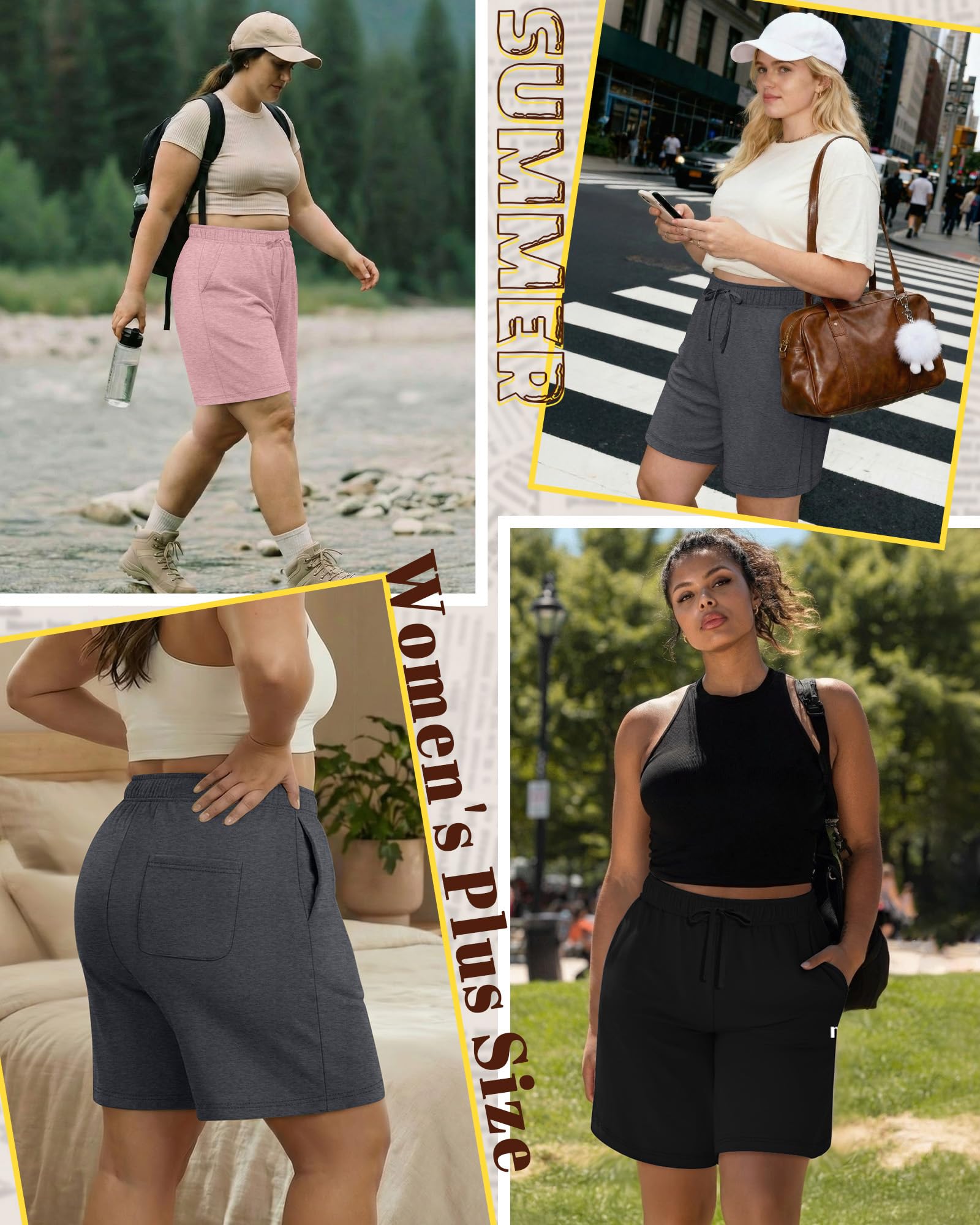 Neer 3er Pack Plus Size Damen Bermuda Shorts Baumwoll Kordelzug High Waist Lässige Sportliche Jogging Shorts mit Taschen