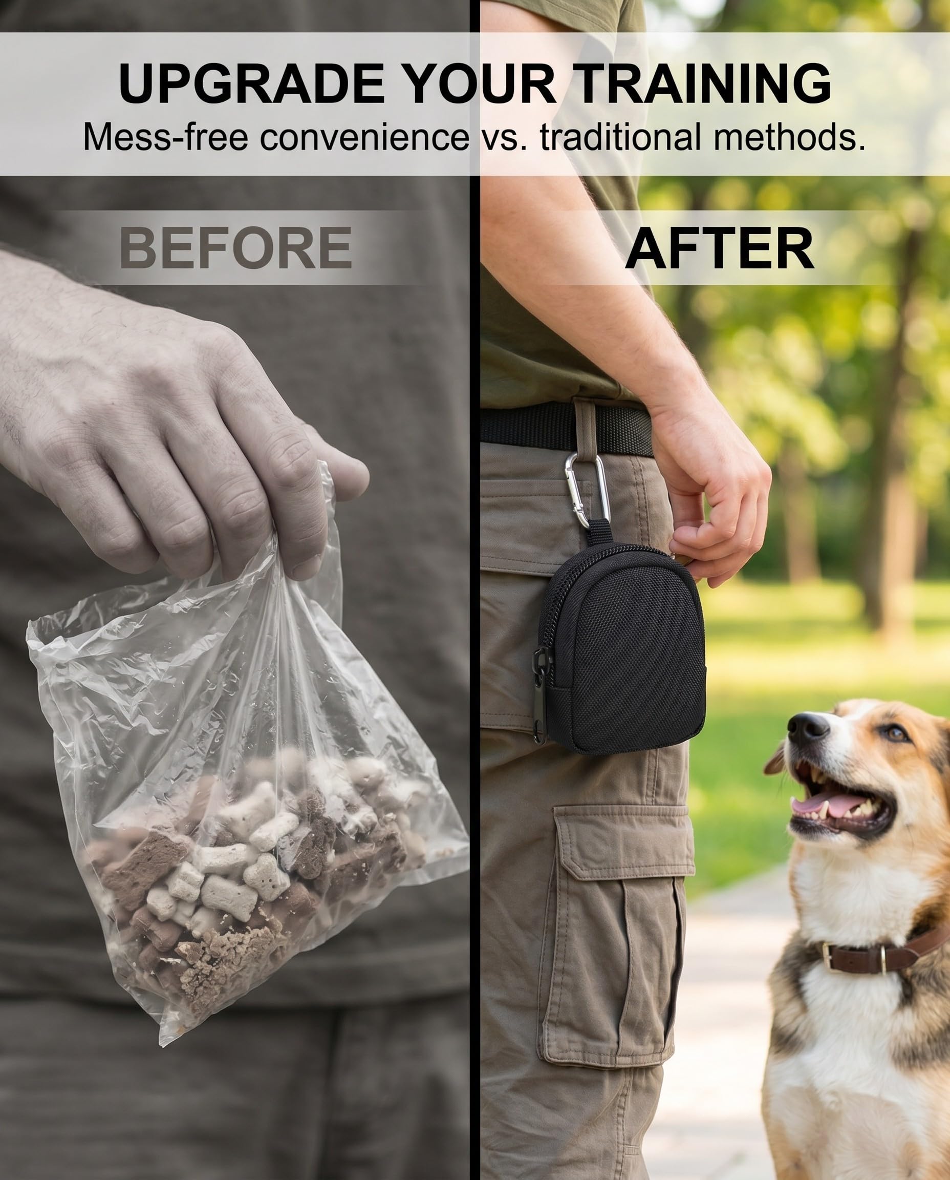 Borsa Addestramento Cane Set 2, Mani Libere con Moschettone, Nero e Verde Militare. Porta Premietti Robusto per Addestramento e Passeggiate Efficaci.