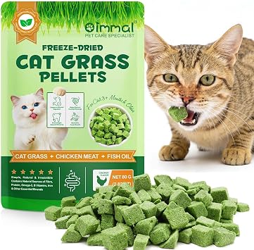 Cat Grass Treats, Freeze-Dried Cat Grass Pellets for Cats, 80g Natural Cat Treats to Help with Digestion, Hairball Management, Dental Care, Chicken & Fish Oil Recipe, No Artificial Additives