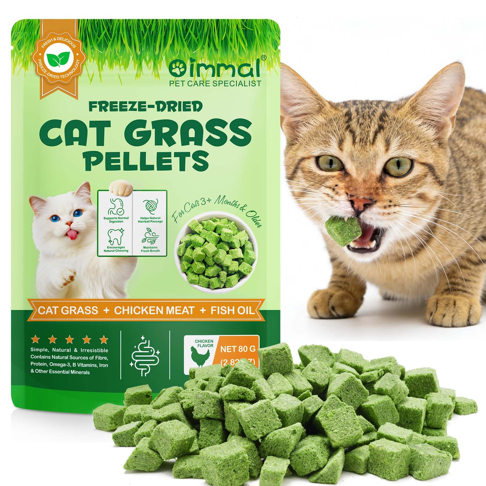 Cat Grass Treats, Freeze-Dried Cat Grass Pellets for Cats, 80g Natural Cat Treats to Help with Digestion, Hairball Management, Dental Care, Chicken & Fish Oil Recipe, No Artificial Additives