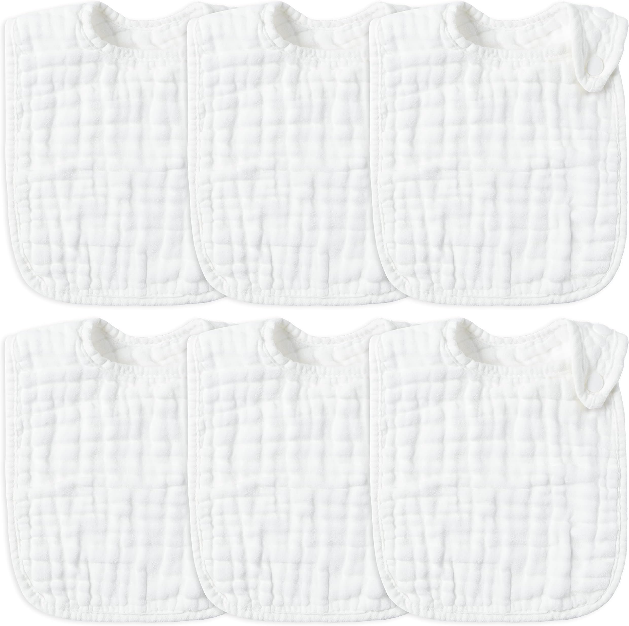 Zainpe 6Pcs Snap Muslin Cotton Baby Bibs White Adjustable Drool Bib with 6 Absorbent Soft Layers, Machine Washable Unisex Burp Cloths for 3 to 36 Months Boys Girls Infant Newborn Toddler