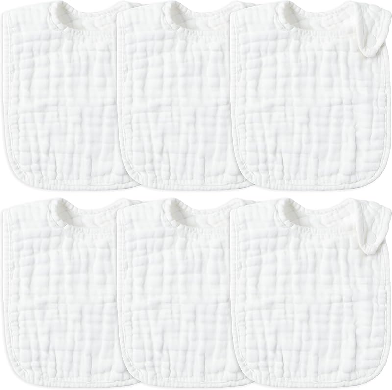 Zainpe 6 baberos de algodón de muselina a presión, babero ajustable blanco con 6 capas suaves absorbentes, paños para eructos unisex lavables a máquina para niños de 3 a 36 meses, niños, niñas, bebés recién nacidos