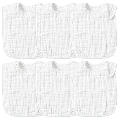 Zainpe 6 piezas de baberos de algodón de muselina con cierre de presión para bebé, blancos, ajustables, con 6 capas absorbentes y suaves, baberos