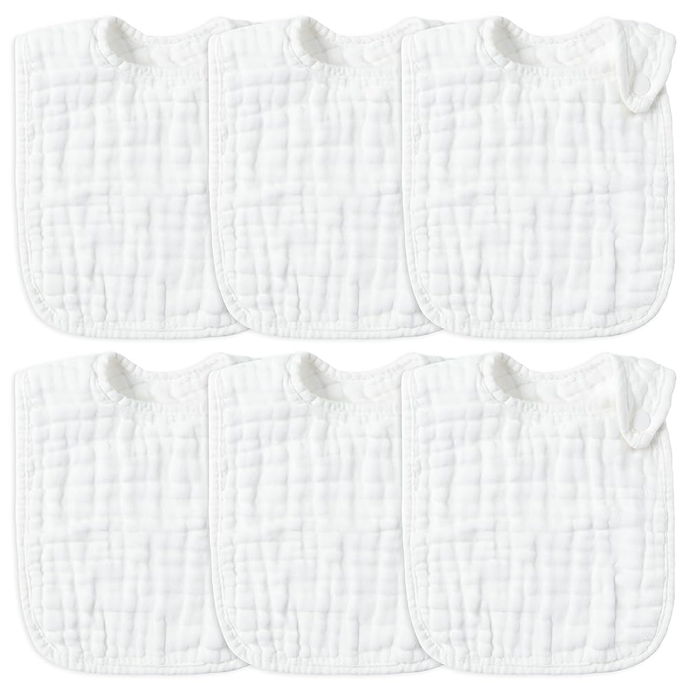 Zainpe 6Pcs Snap Muslin Cotton Baby Bibs White Adjustable Drool Bib with 6 Absorbent Soft Layers, Machine Washable Unisex Burp Cloths for 3 to 36 Months Boys Girls Infant Newborn Toddler