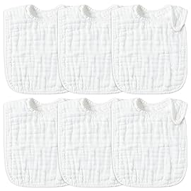 Zainpe 6Pcs Snap Muslin Cotton Baby Bibs White Adjustable Drool Bib with 6 Absorbent Soft Layers, Machine Washable Unisex Burp Cloths for 3 to 36 Months Boys Girls Infant Newborn Toddler