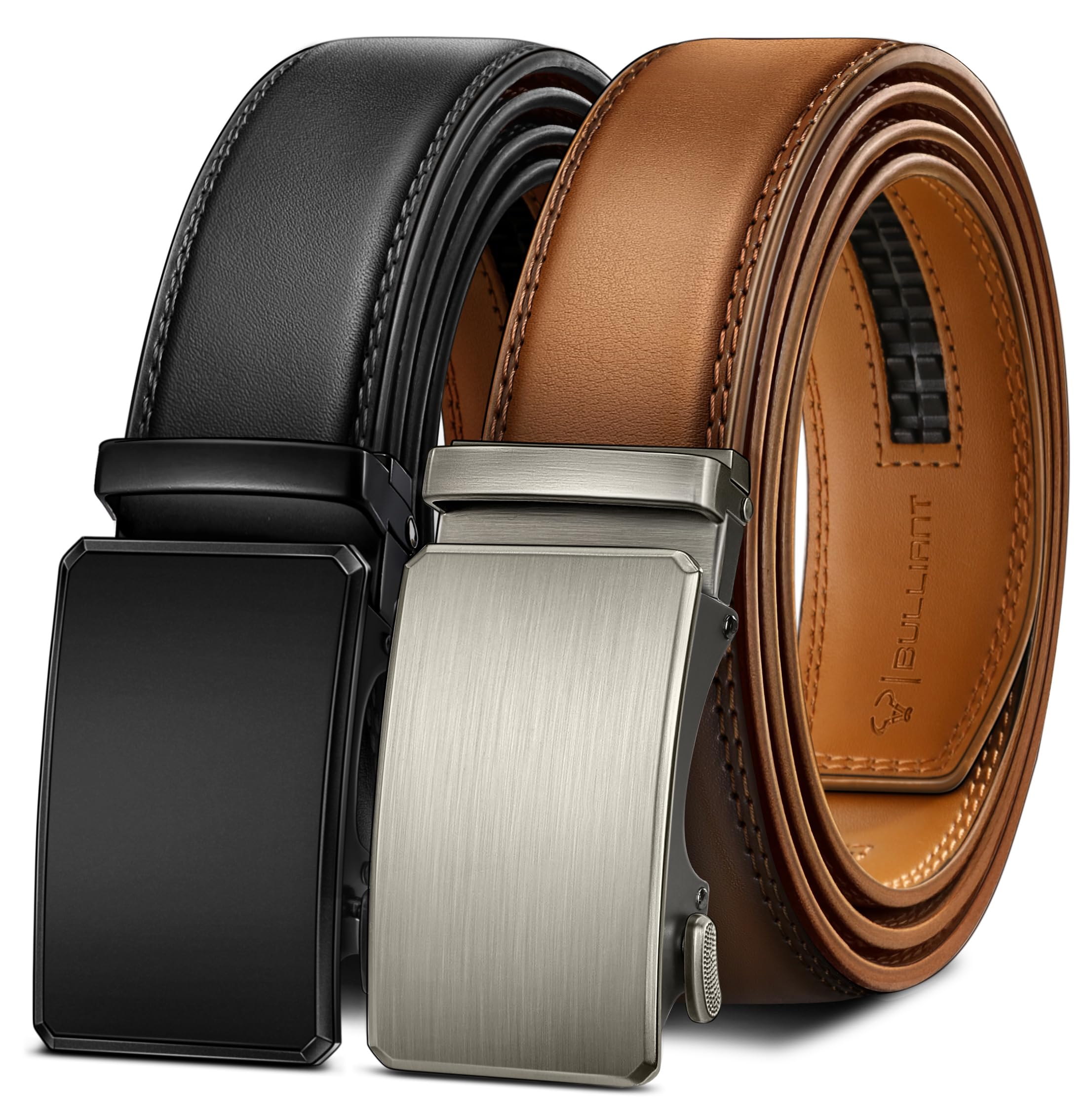 BULLIANT Gürtel Herren 2er, Gürtel Ratsche Automatikschließe Ledergürtel für Herren Verstellbar 35mm Breit mit Geschenkbox