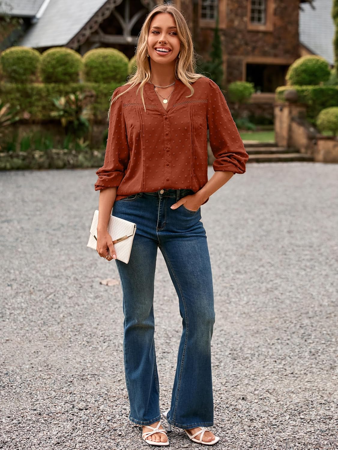 Simplee Womens Long Sleeve Blouses Dressy Casual Fall V Neck Trendy Tops 2025 Swiss Dot Shirts Button Work Fashion Clothes - Image 4