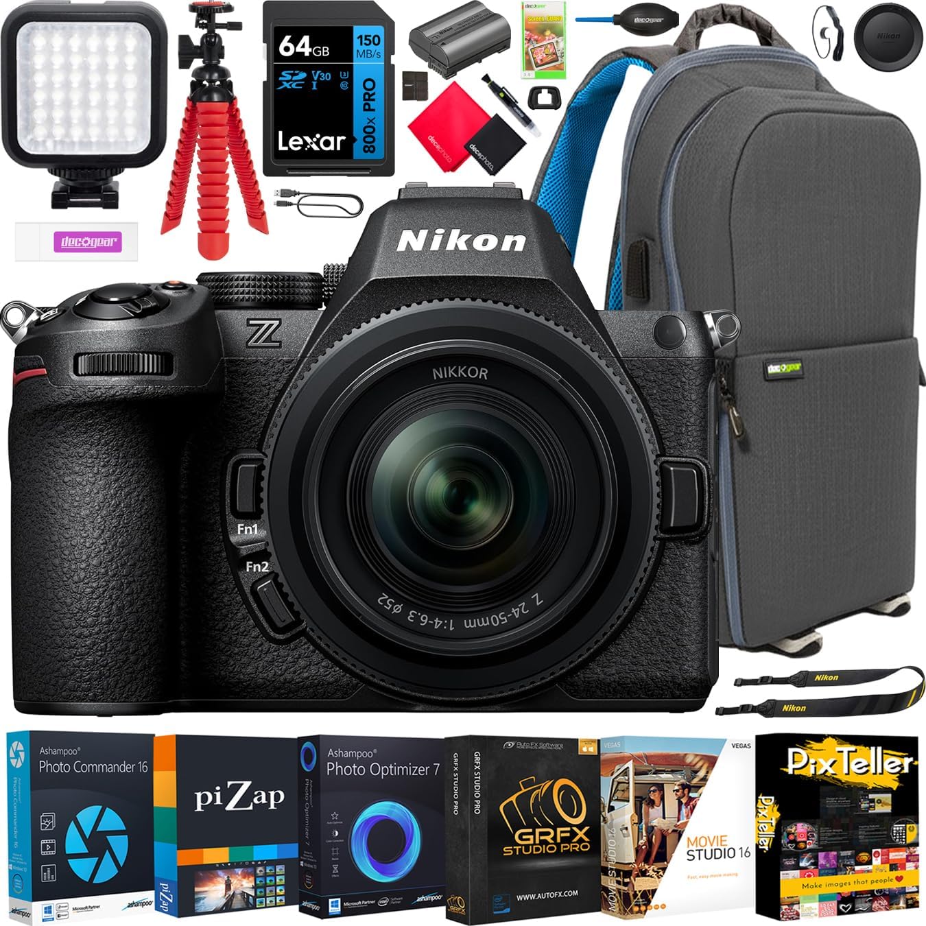 Nikon Z5II FX Full Frame Mirrorless Camera with NIKKOR Z 24-50mm Lens 2018 Bundle with Deco Gear Photography Kit| Pro-Level Photos & 4K Video | Advanced Hybrid AF, IBIS | USA Authorized Partner Model