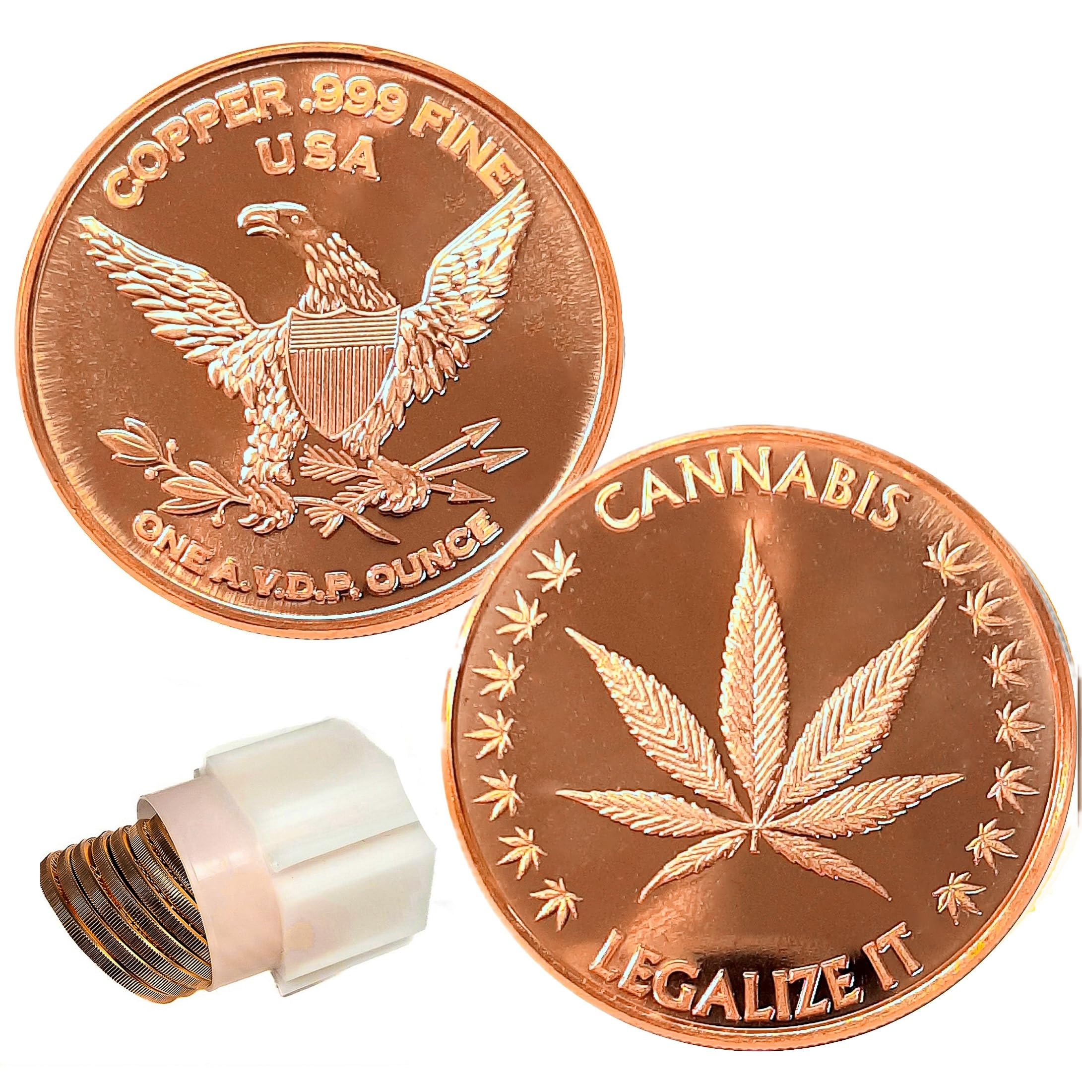 10 x 28,3 g Kupfer runde Cannabisblatt 999 feine Edelbarren Lieferung in Dose