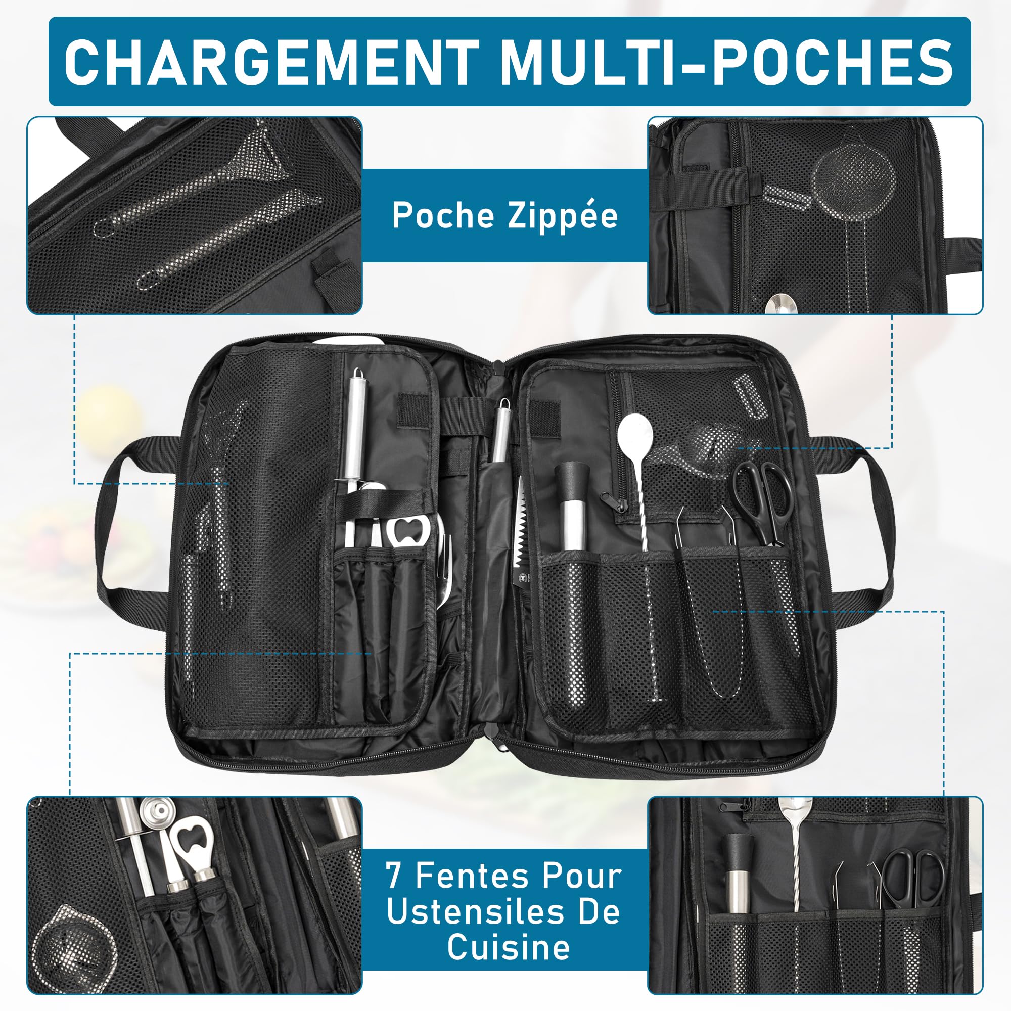 OUUTMEE Sac à Couteaux de Chef Professionnel avec 17 Emplacements, Étui de Transport de Couteaux Robuste, Sac de Rangement pour Couteaux de Chef pour Couteaux et Ustensiles de Cuisine, Noir (Petit)