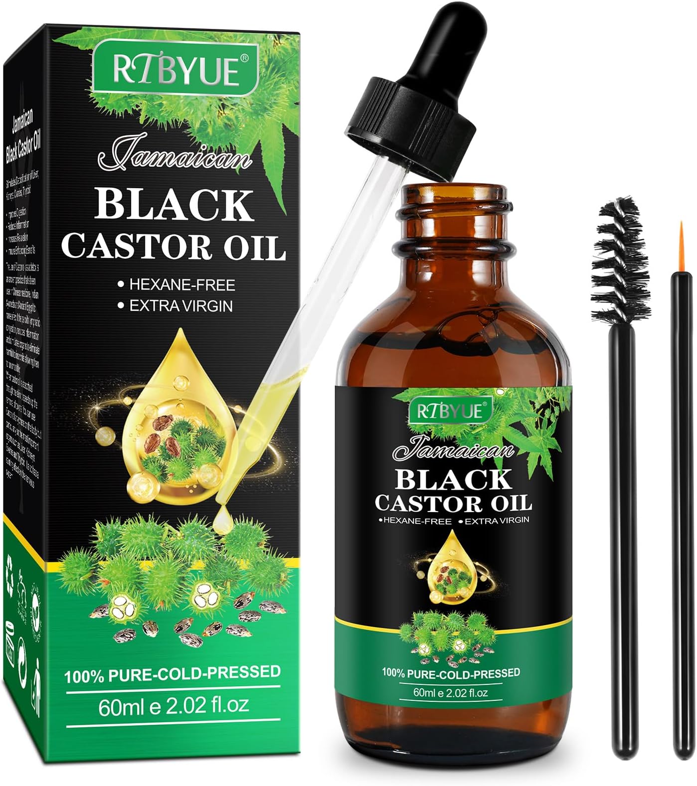 Jamaican Black Castor Oil,Organic Castor Oil for Hair Growth,Body Message Castor Oil -Essential Oil for for Eyelashes, Eyebrows Growth, Skin Moisturizer (60ml)
