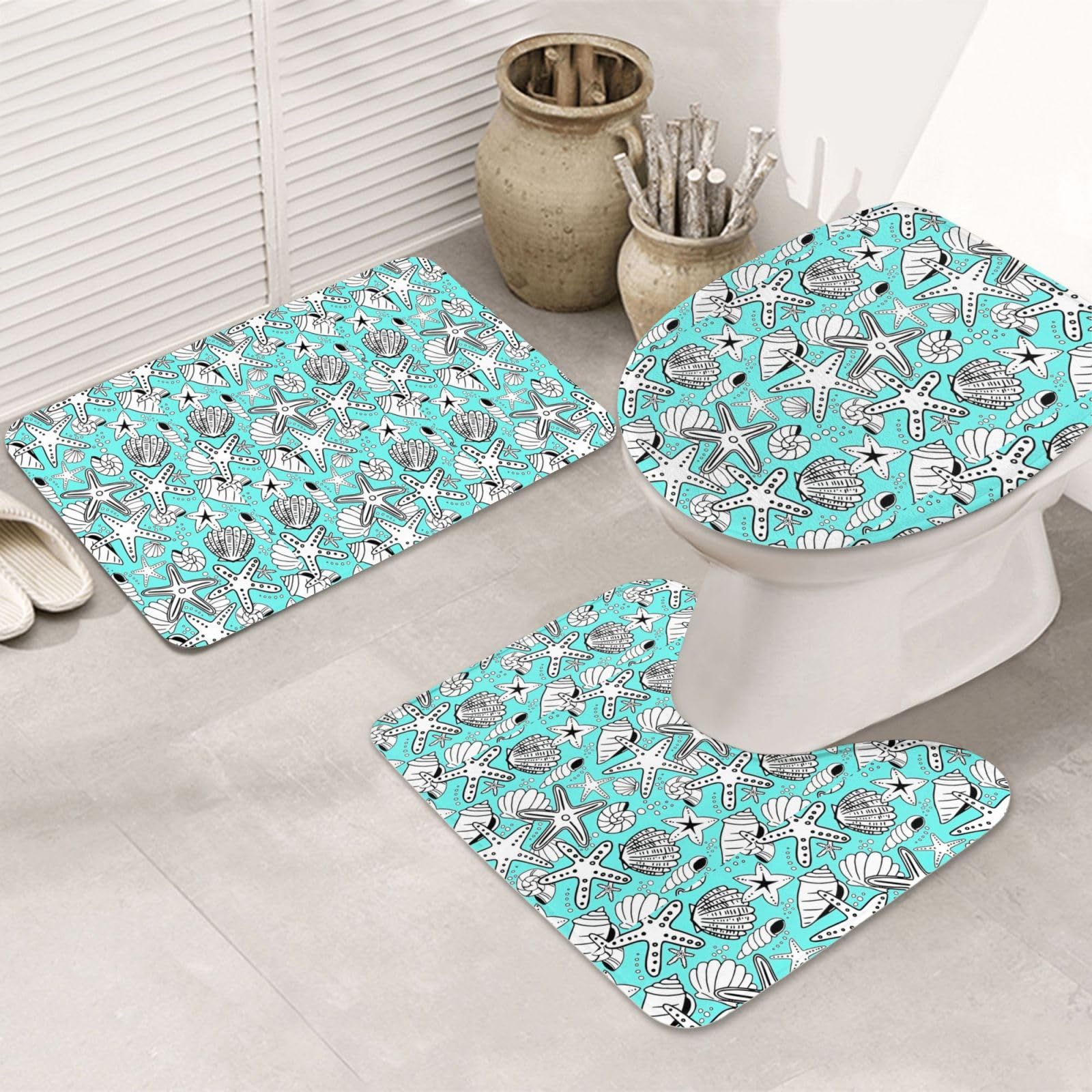 BREAUX Magnifique tapis de sol antidérapant imprimé étoiles de mer, tapis de bain antidérapant pour salle de bain, tapis de douche 3 pièces