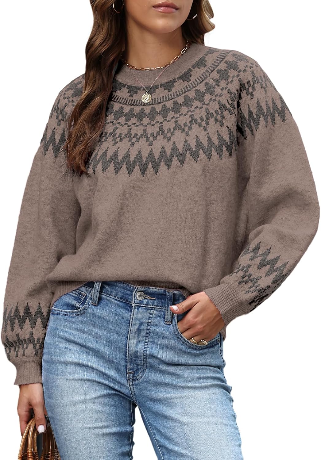 Womens Cashmere Fair Isle Sweaters Vintage Sweater Colorful Wool Crew Neck Long Sleeve Pullover Jumper Tops