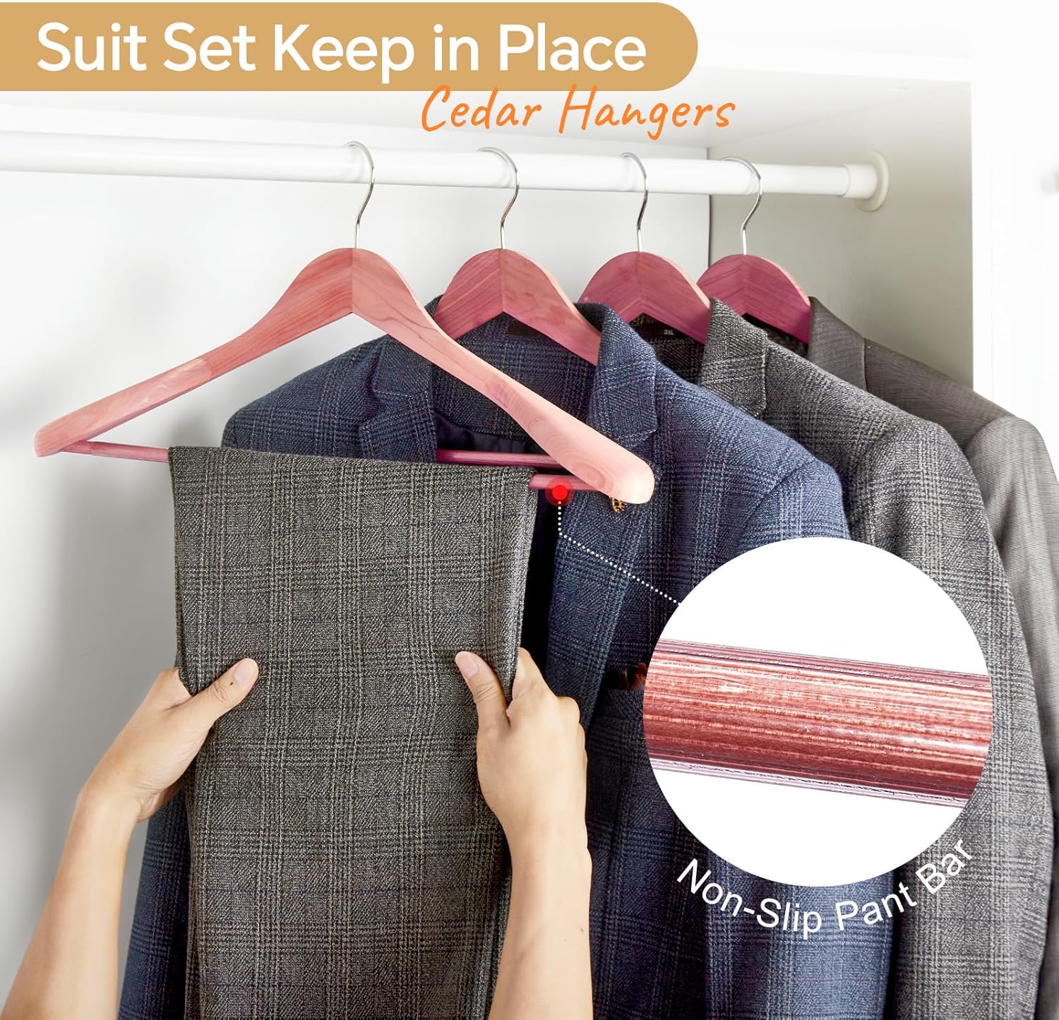 HOUSE DAY Wide Shoulder Cedar Hangers for Suits and Coats with Non Slip Pant Bar,360° Swivel Hook, Smooth Finish Cedar Wood Hangers for Closet, Closet Essentials, 5 Pack - Image 4
