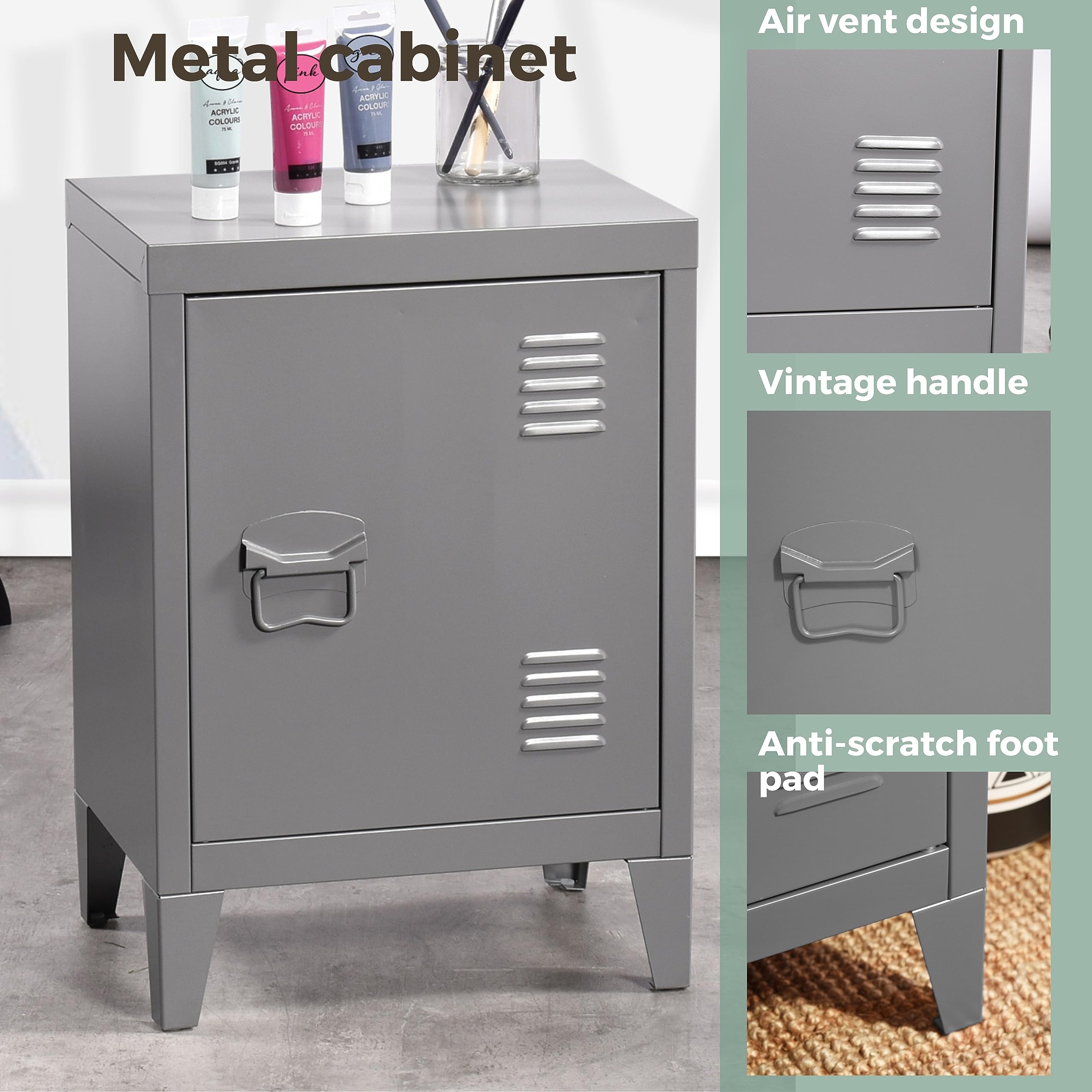 FurnitureR Armadietto portaoggetti piccolo armadio in metallo con ante a filo, 2 scomparti, per garage, ufficio, grigio, 30,5 x 40,5 x 57,5 cm
