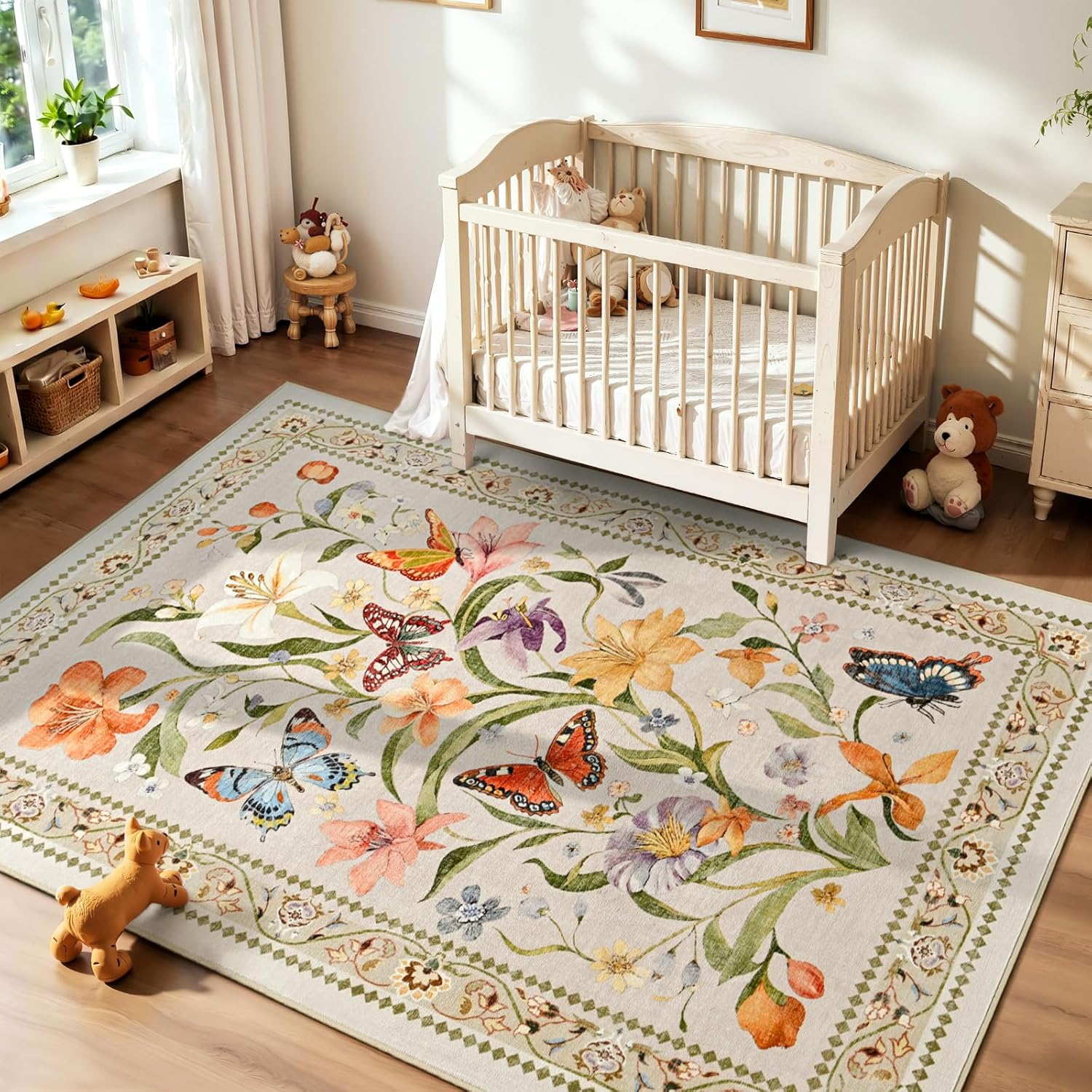 Floral 3x5 Entryway Rug Non Slip, Small Washable Area Rug for Bedroom, Soft Vintage Carpet with Rubber Backing, Stain & Fade Resistant, Low Pile Flower Mat Modern Farmhouse Decor