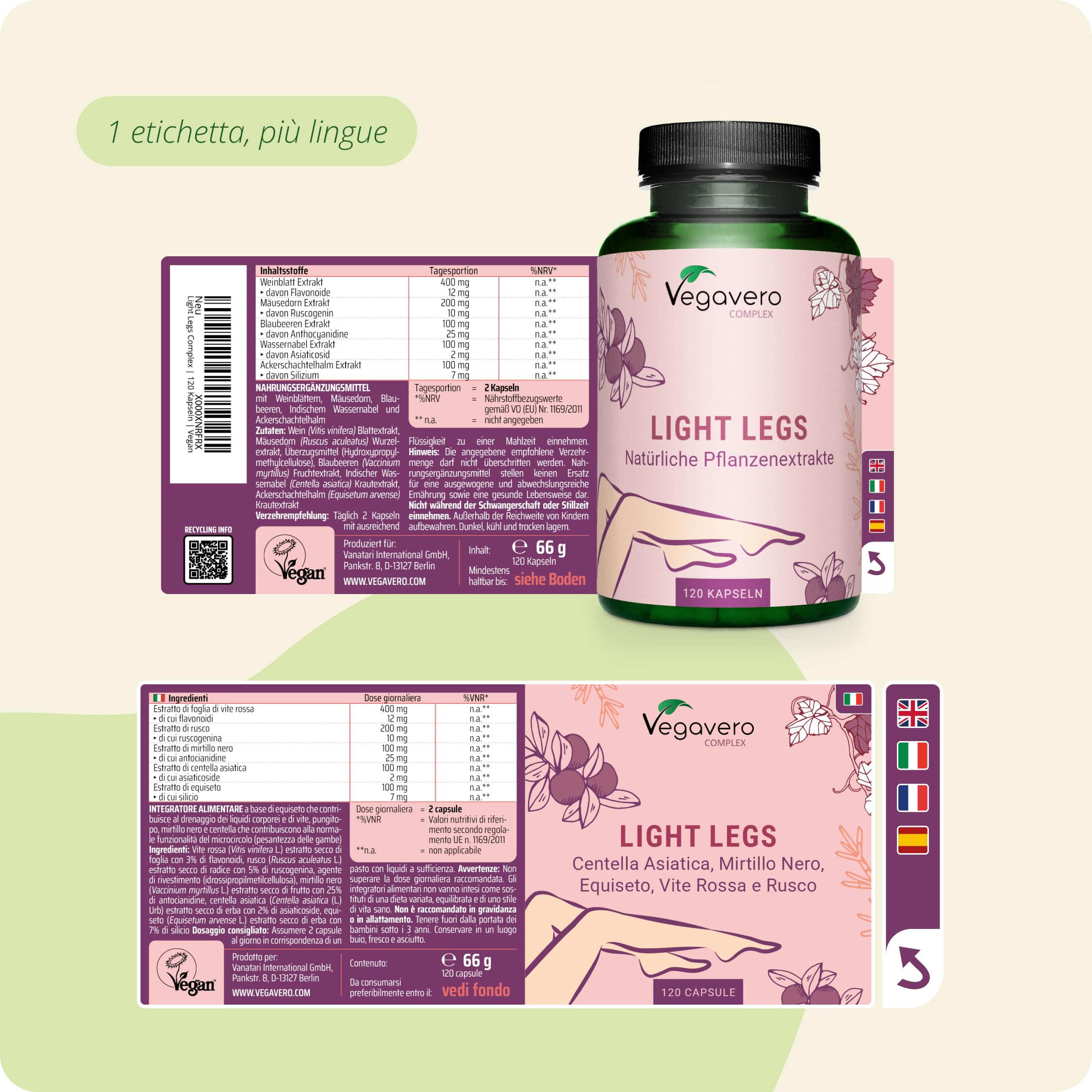 Vegavero Circolazione Gambe | 120 capsule | 100% NATURALE con Centella Asiatica, Mirtillo Nero, Equiseto, Vite Rossa e Rusco | Integratore per Pesantezza, Microcircolo e Capillari | Vegan