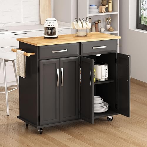 Miniatura 2 de soges Isla de cocina móvil con almacenamiento sobre ruedas, carrito de mesa de isla de cocina rodante con 2 cajones y armarios de almacenamiento