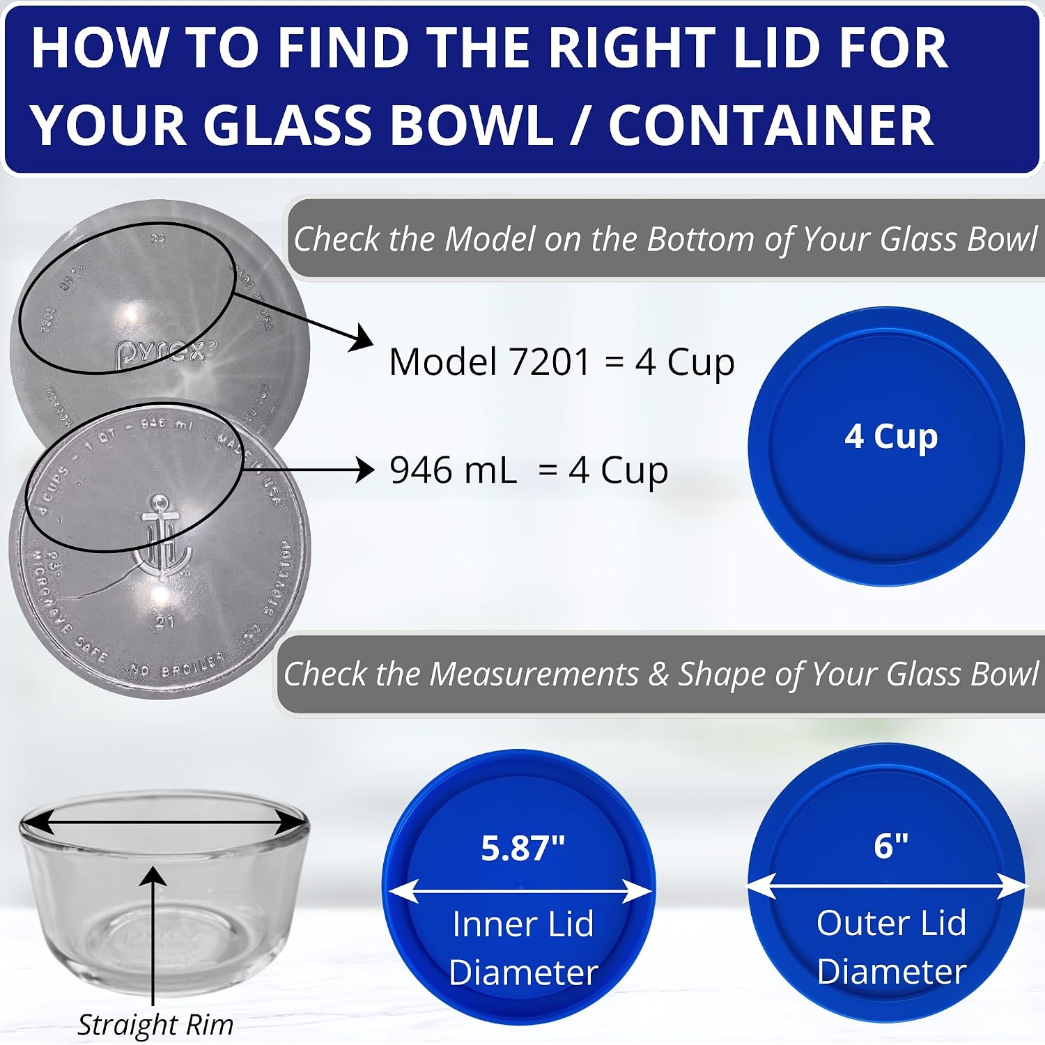 Klare Ware 4 Cup Replacement Lids/Covers for Pyrex 7201, Anchor Hocking & Klare Ware Storage Bowls (Glass Container Not Included) Microwave, Freezer & Top Rack Dishwasher Safe (4 Pack, Blue)