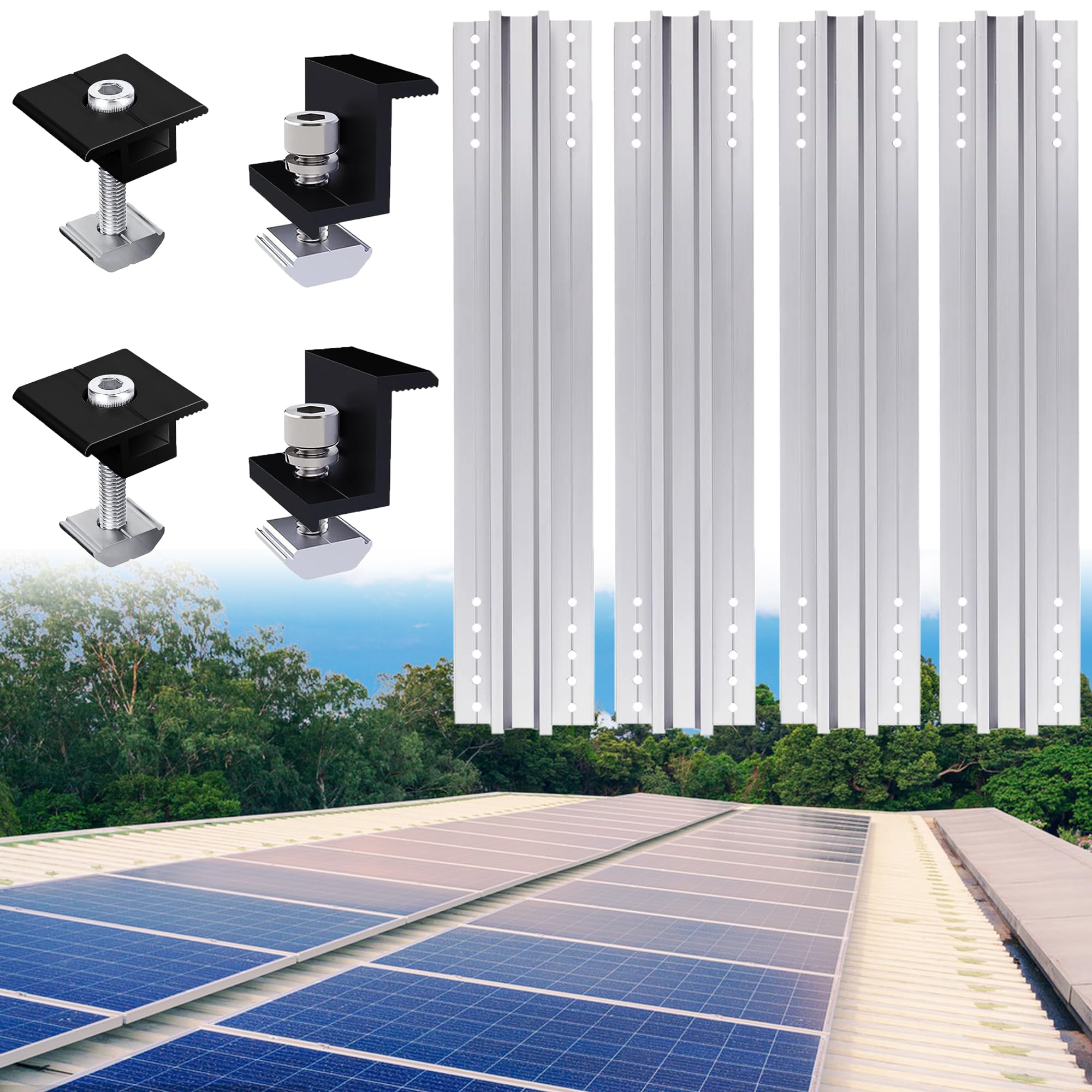 Warmfay Juego de montaje para módulo solar, montaje del módulo solar, perfil de aluminio de 40 cm y abrazaderas negras de 35 mm para 3 módulos, soportes de techo, módulos solares para techo plano,