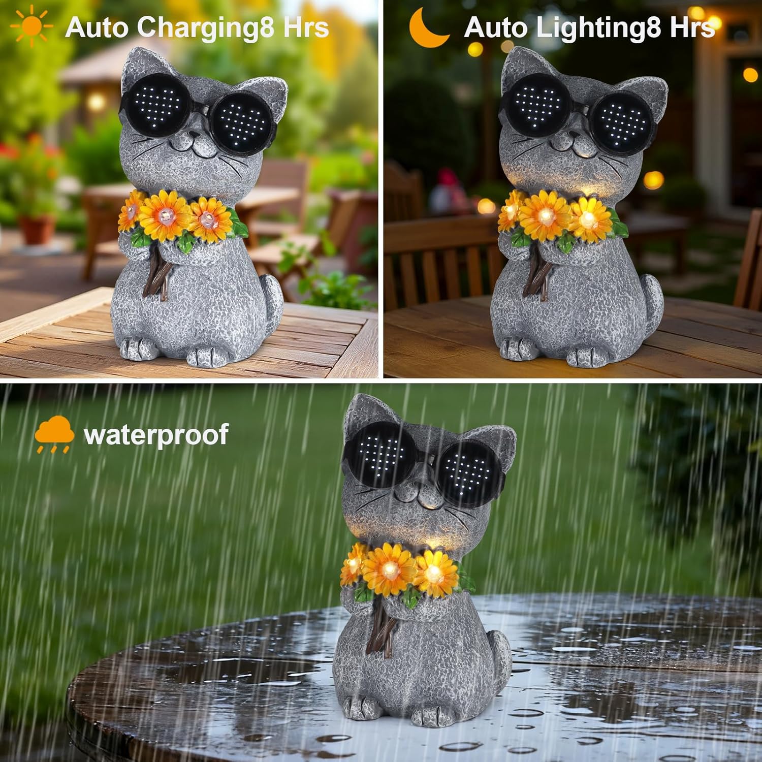 Solar Garden Statues Cat with Daisy and LED Lights Birthday Gifts for Women Mom Grandma Solar Outdoor Decor for Patio Backyard Yard Lawn Decoration-Unique Housewarming Gifts