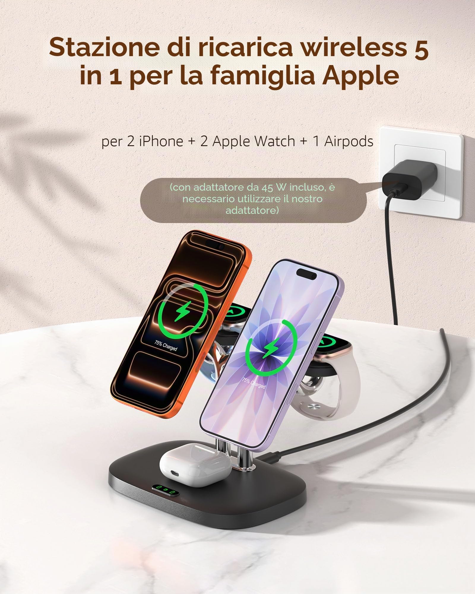 5-in-1 Stazione di Ricarica Wireless per Dispositivi Apple, Caricatore Magnetico Doppio per iPhone Air/17/16/15/14/13/12, Ricarica Veloce Doppia 5W per Apple Watch 11/10/Ultra 3/SE 3, SwanScout 902M