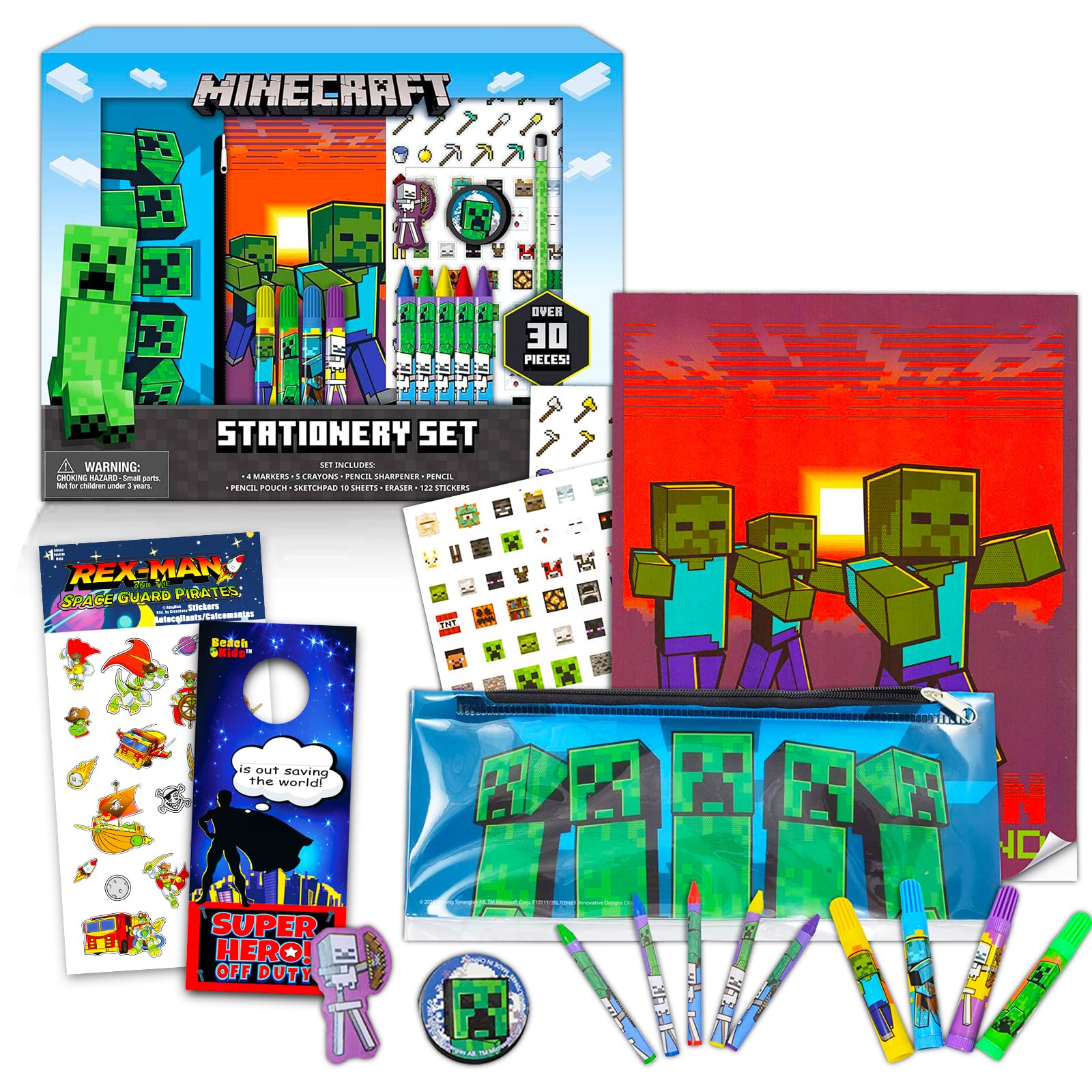 Minecraft Stationery Bundle ~ 10+ Pc Stationery Set with Notebook, Erasers, Stickers and More | Minecraft School Supplies for Kids