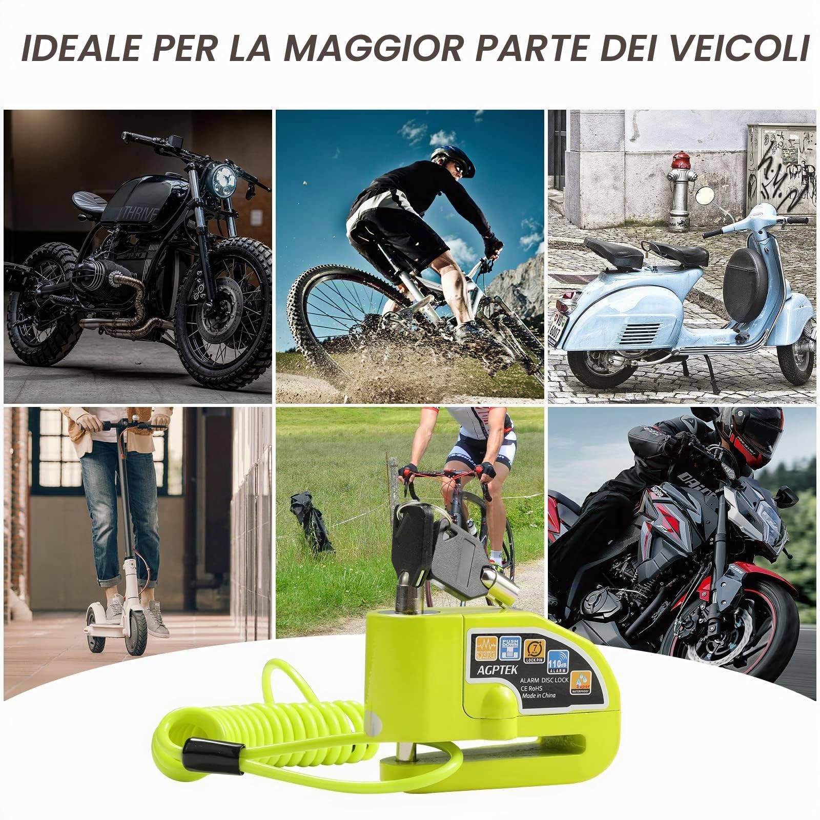 AGPTEK Bloccadisco Antifurto Moto Impermeabile con Allarme Sonoro 110dB, Blocca disco in lega di zinco per moto, bici e monopattino, 2 chiavi e 1,5m Reminder Cavetto