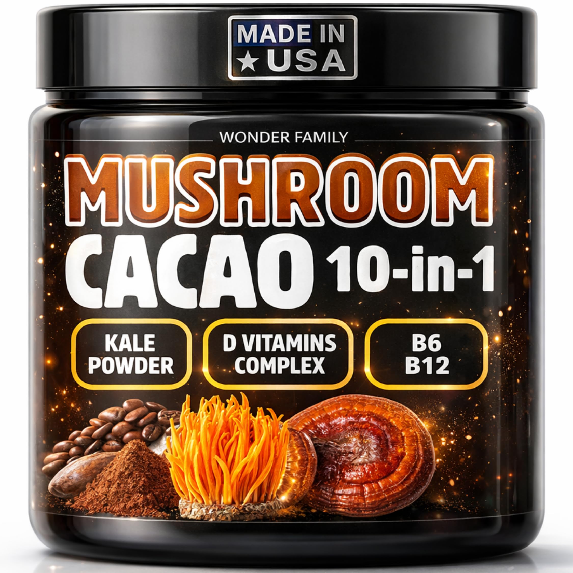 Instant Mushroom Powder 10:1 – Cordyceps Mushroom Supplement with Reishi, Chaga & Shiitake – Caffeine-Free Nighttime Drink with B6, B12, D +