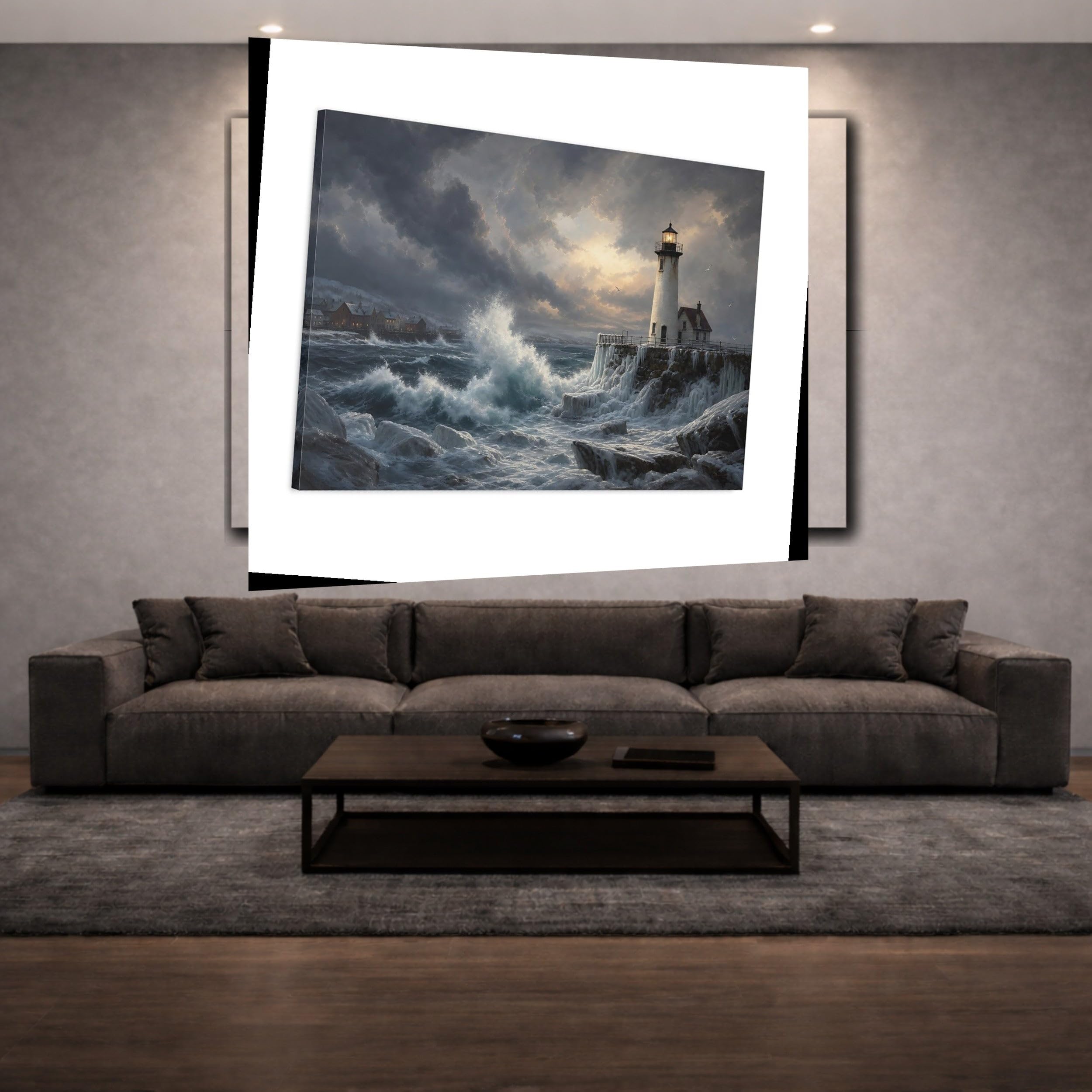 Nature Lighthouse Winter Coast Canvas Print – realistic Living Room, Above Couch 18×12 inch (45×30 cm) - Horizontal / 1.25 inch (3 cm)