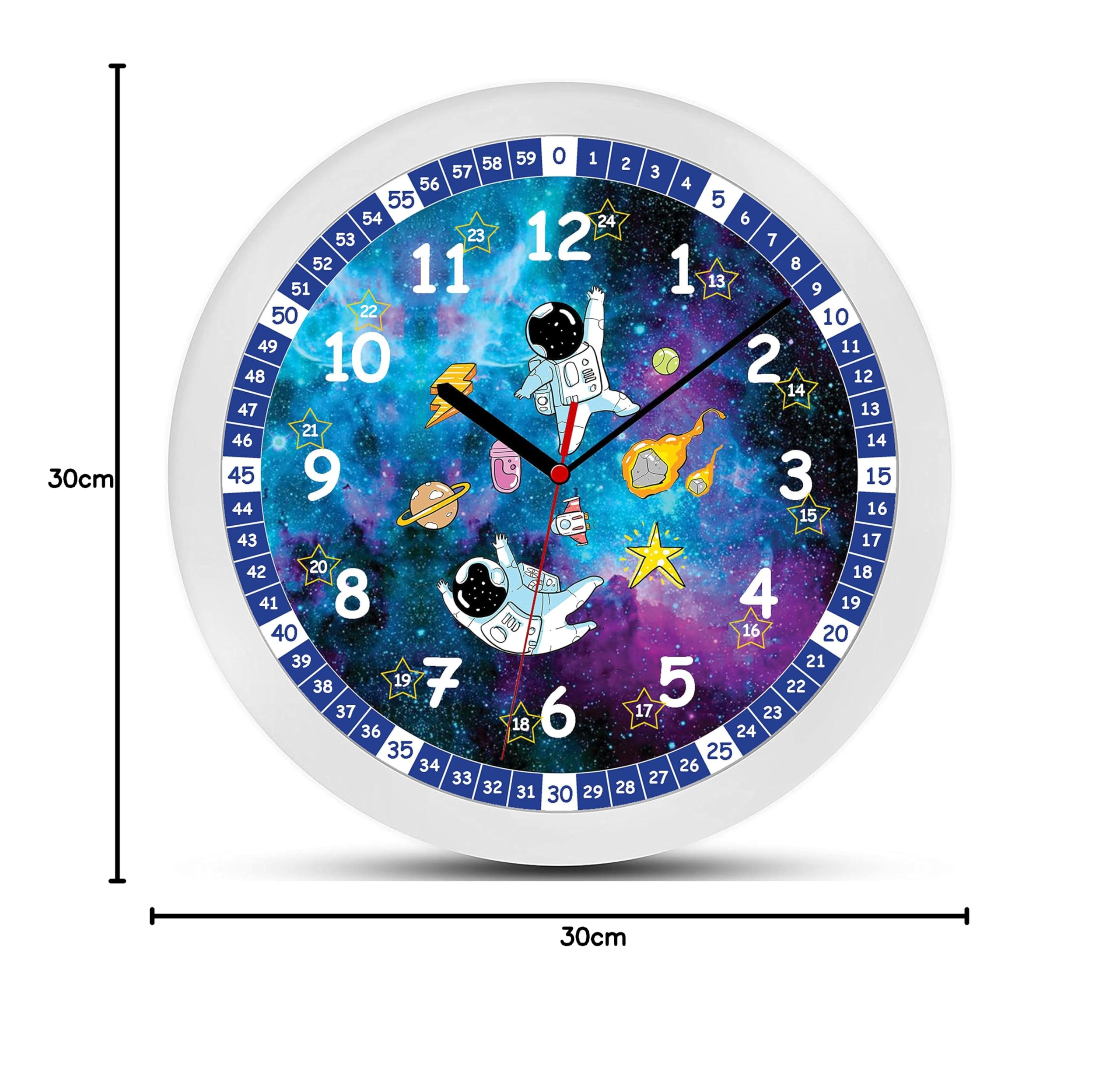 K&L Wall Art lautlose Astronauten Wanduhr leise Kinder Lernuhr 30cm für Junge Mädchen lustige Kinderuhr 30cm