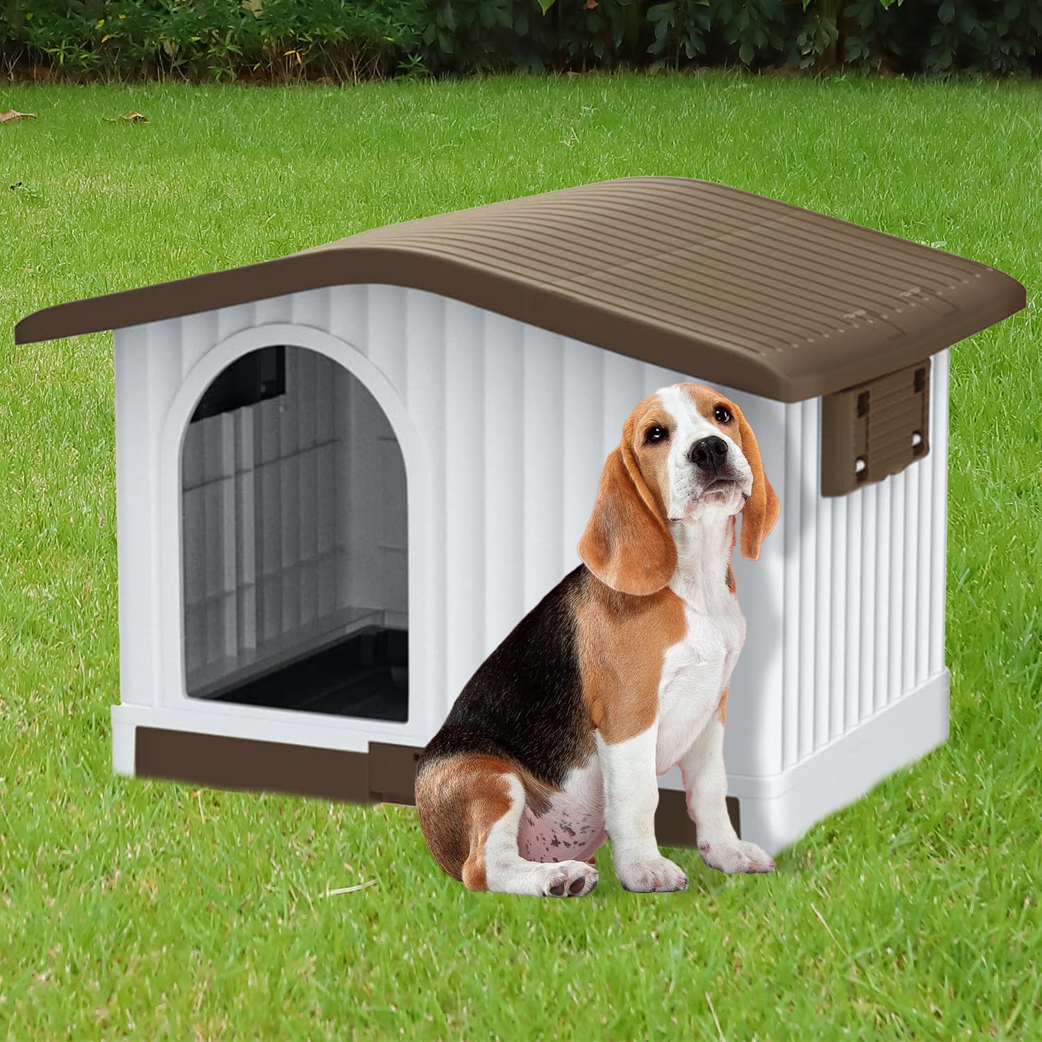 Aqpet Cuccia Casetta per Cani in Plastica per Esterno Interno Casa Giardino, con Pavimento Rialzato e tetto sollevabile, per Cani Taglia piccola/media 87 x 74 x 61 H, Marrone
