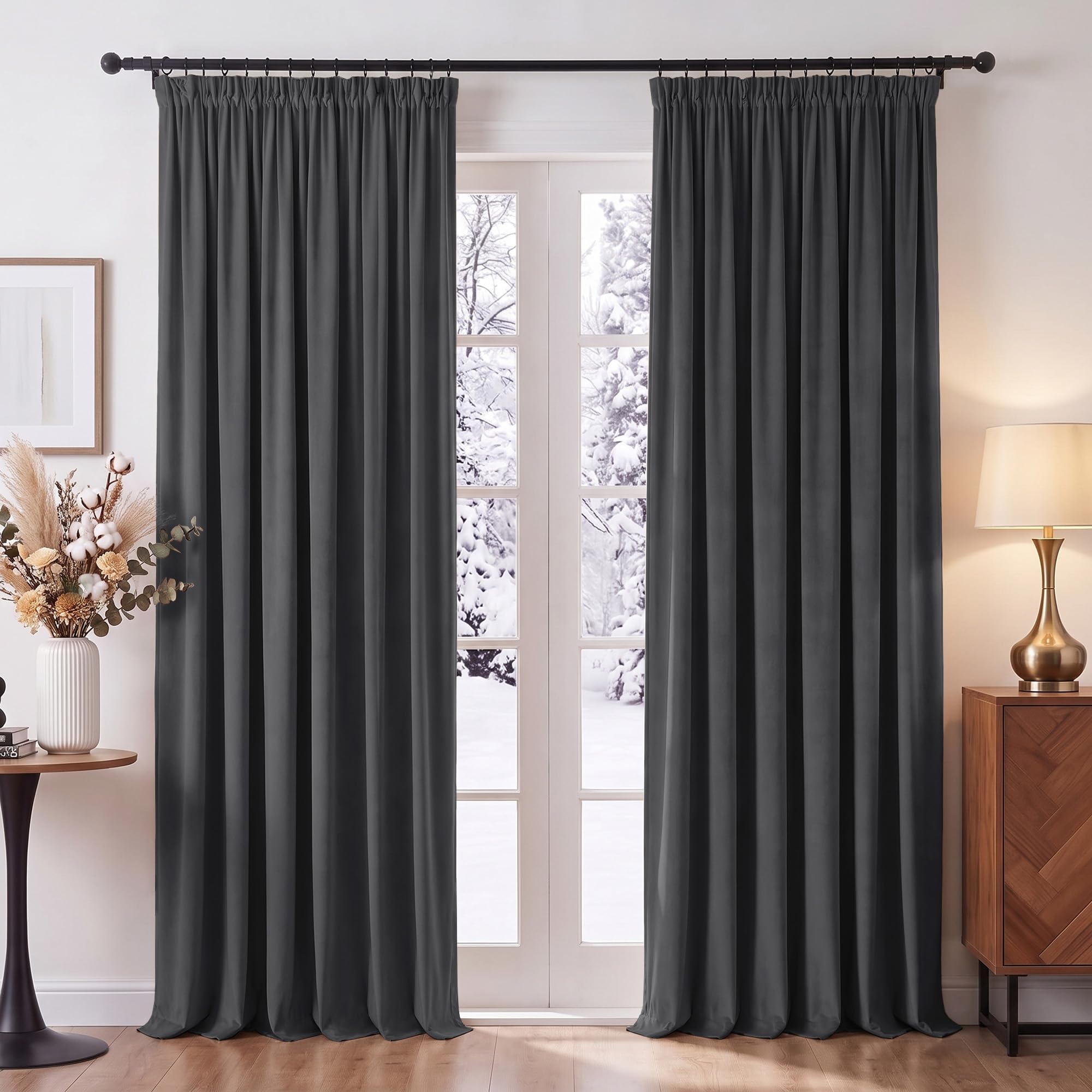 PONY DANCE Blackout Velvet Curtains with Pencil Pleat, Grey, 90x90 Inch