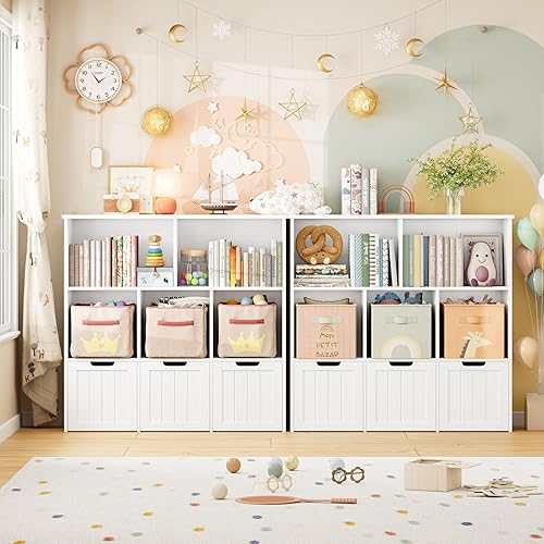 Miniatura 3 de FOTOSOK Toy Storage Organizer with 3 Movable Drawers, Toy Organizer with Hidden Wheels and 5 Open Cubbies, Multifunctional Floor Storage Chest for
