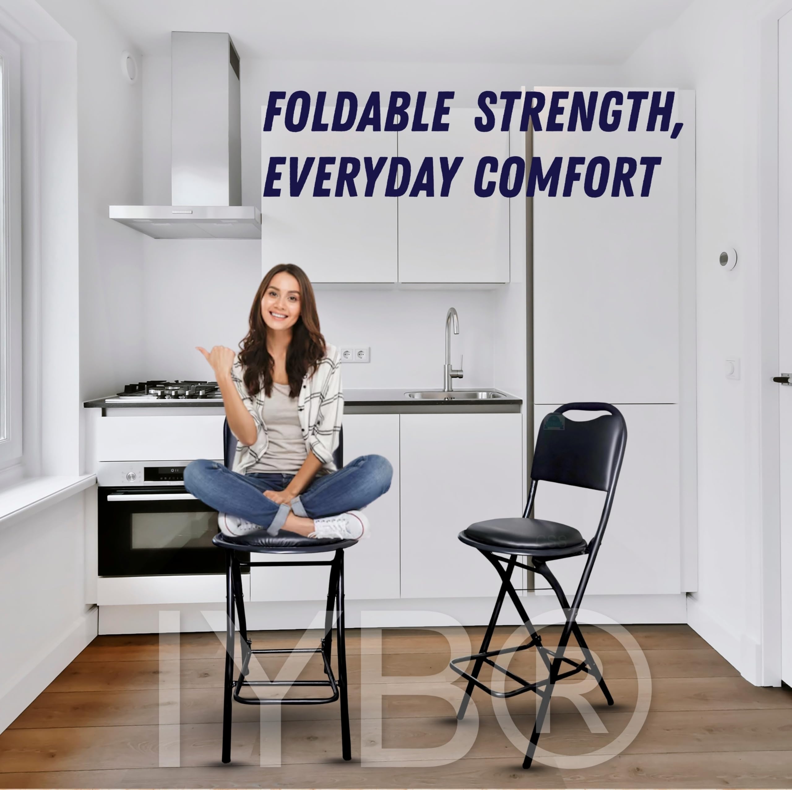 IYB® Premium Folding Kitchen & Stool Chair – 25 Inch Seat Height, Ergonomic Padded Seat, 100kg Capacity, Lightweight 4.5 kg, No Assembly, Space-Saving – Ideal for Kitchen, Bar, Living Room (Black) 1