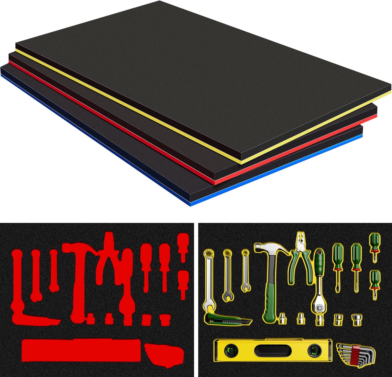 Fabbay 3 Sets Tool Box Foam Organizers, Tool Box Adjustable Shadow Foam, Non Slip Toolbox Liner and Drawer Liner, 16.5 x 22 Inch