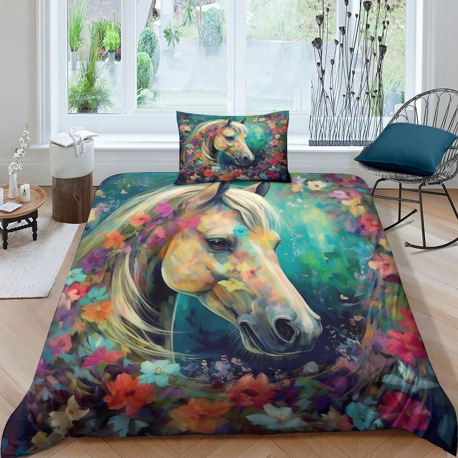 Housse de couette fleurs et chevaux parure de lit animaux 3D avec fermeture éclair pour lit simple