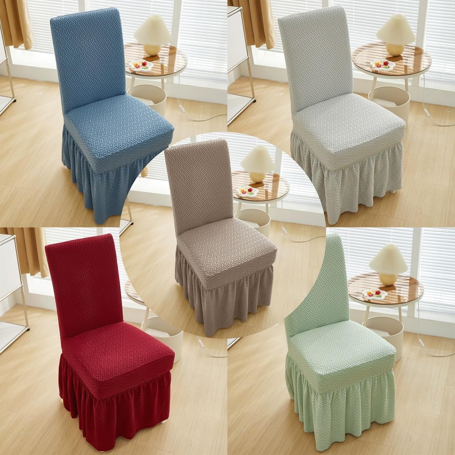 Dining Chair Covers with Long Skirt, Universal Anti-Slip Stretch Slipcovers for Dining Room, Washable Chair Protector for Kitchen, Wedding, Party, Banquet(Pine Green,Set of 6)