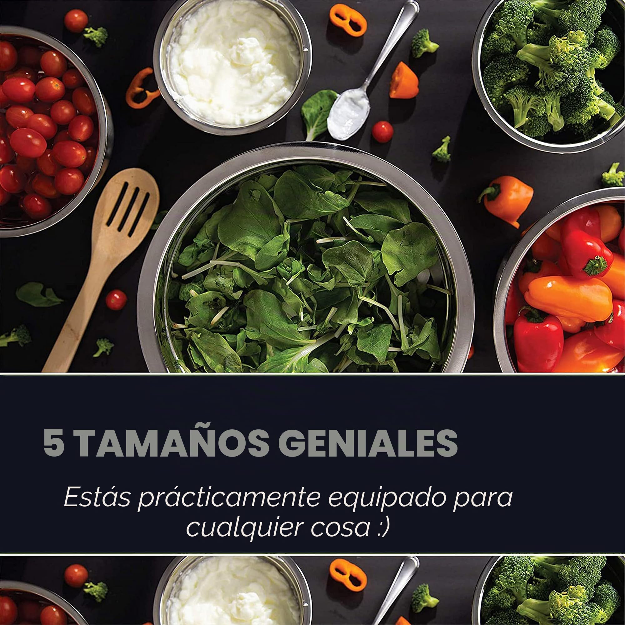 WHYSKO Meal Prep - Juego de cuencos de acero inoxidable para mezclar alimentos, organizadores de almacenamiento de alimentos para el hogar, refrigerador y cocina, ecológicos, reutilizables,